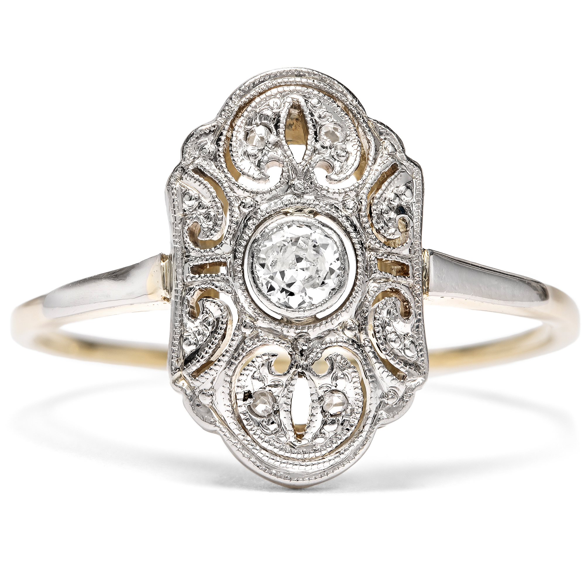 Feiner Ring des Art Déco aus Gold & Platin mit Diamanten, um 1920 Feiner Ring des Art Déco aus Gold & Platin mit Diamanten, um 1920