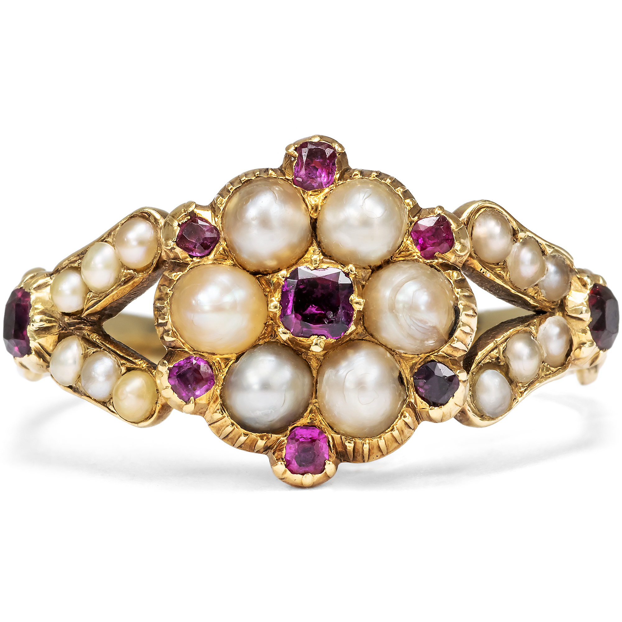 Antique Daisy Ring with Rubies and Pearls in Gold, c. 1840 Antique Daisy Ring with Rubies and Pearls in Gold, c. 1840