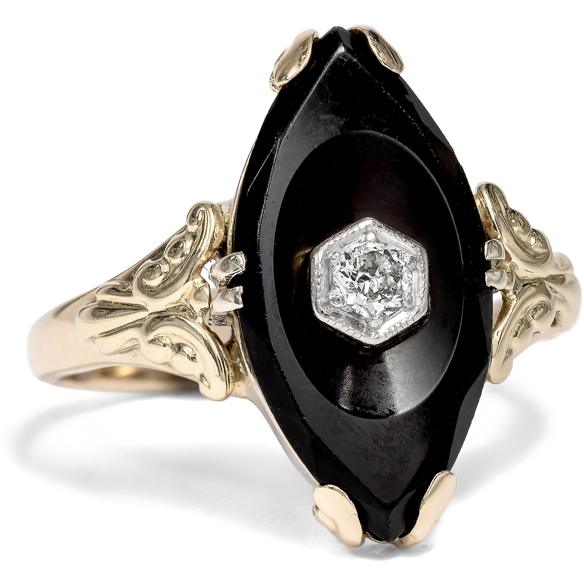 Antiker Ring mit Onyx & Diamant in Gold, Deutschland um 1935 Antiker Ring mit Onyx & Diamant in Gold, Deutschland um 1935