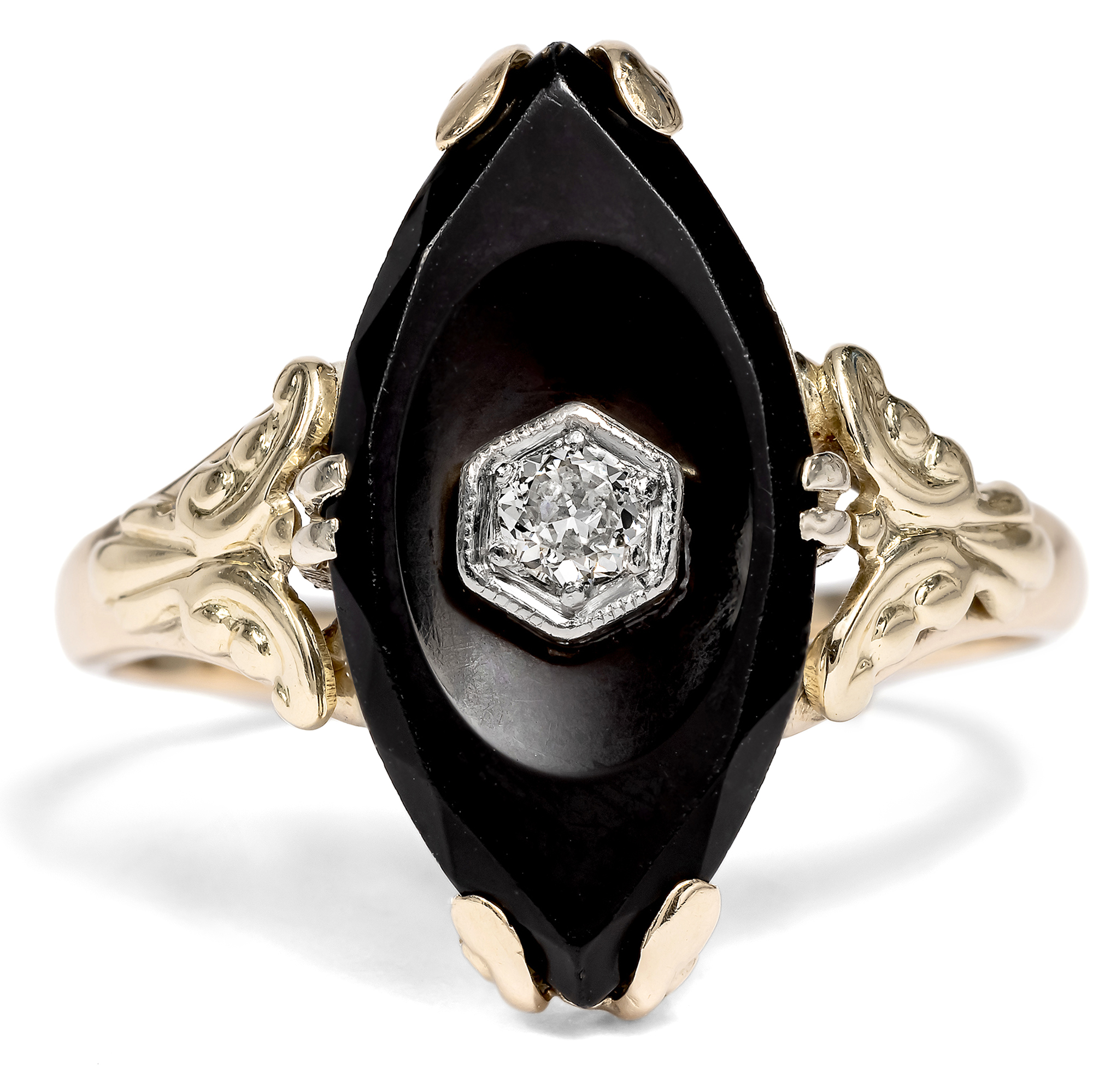 Antiker Ring mit Onyx & Diamant in Gold, Deutschland um 1935 Antiker Ring mit Onyx & Diamant in Gold, Deutschland um 1935