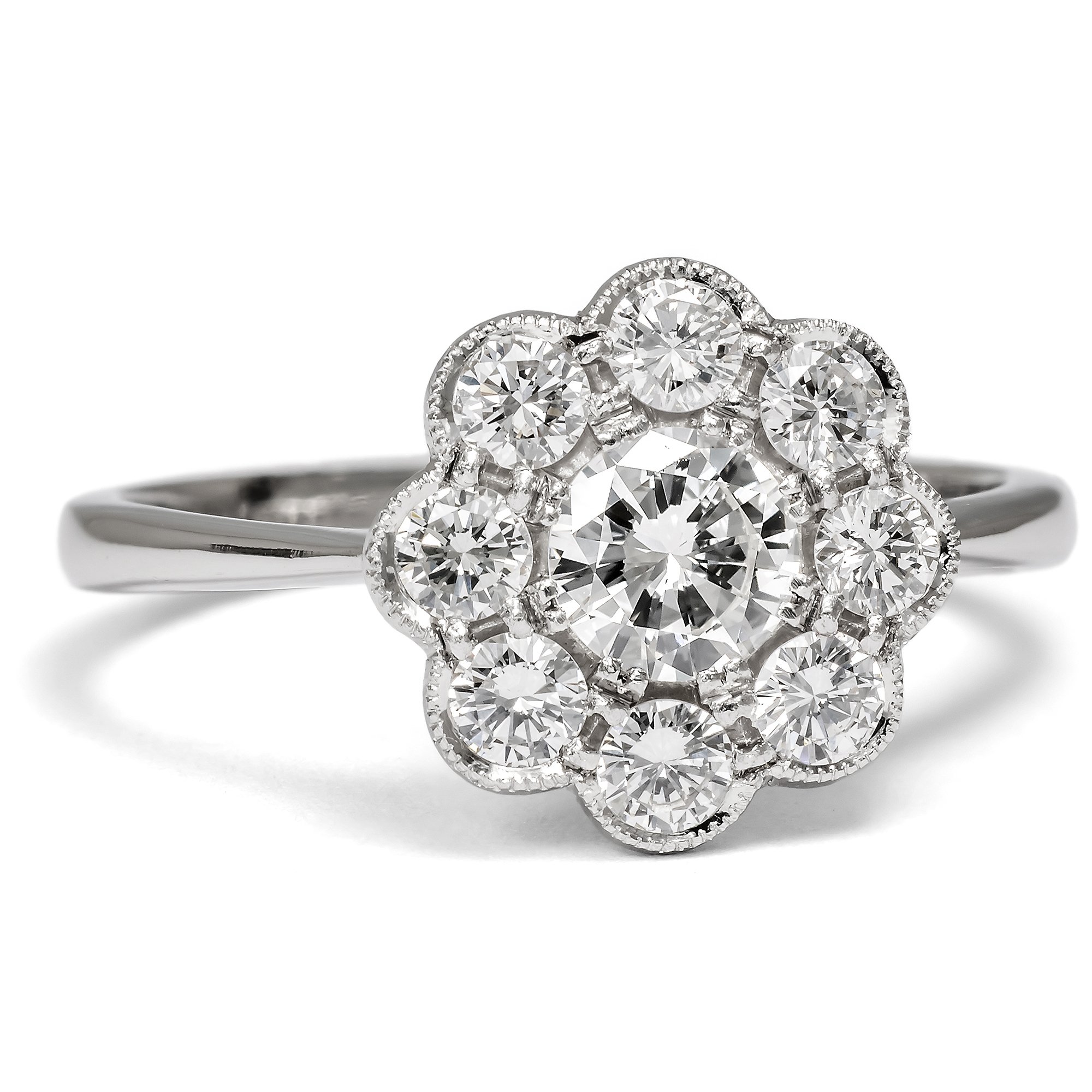 Sustainable Flower Ring with Vintage Diamonds in Platinum From Our Workshop Sustainable Flower Ring with Vintage Diamonds in Platinum From Our Workshop