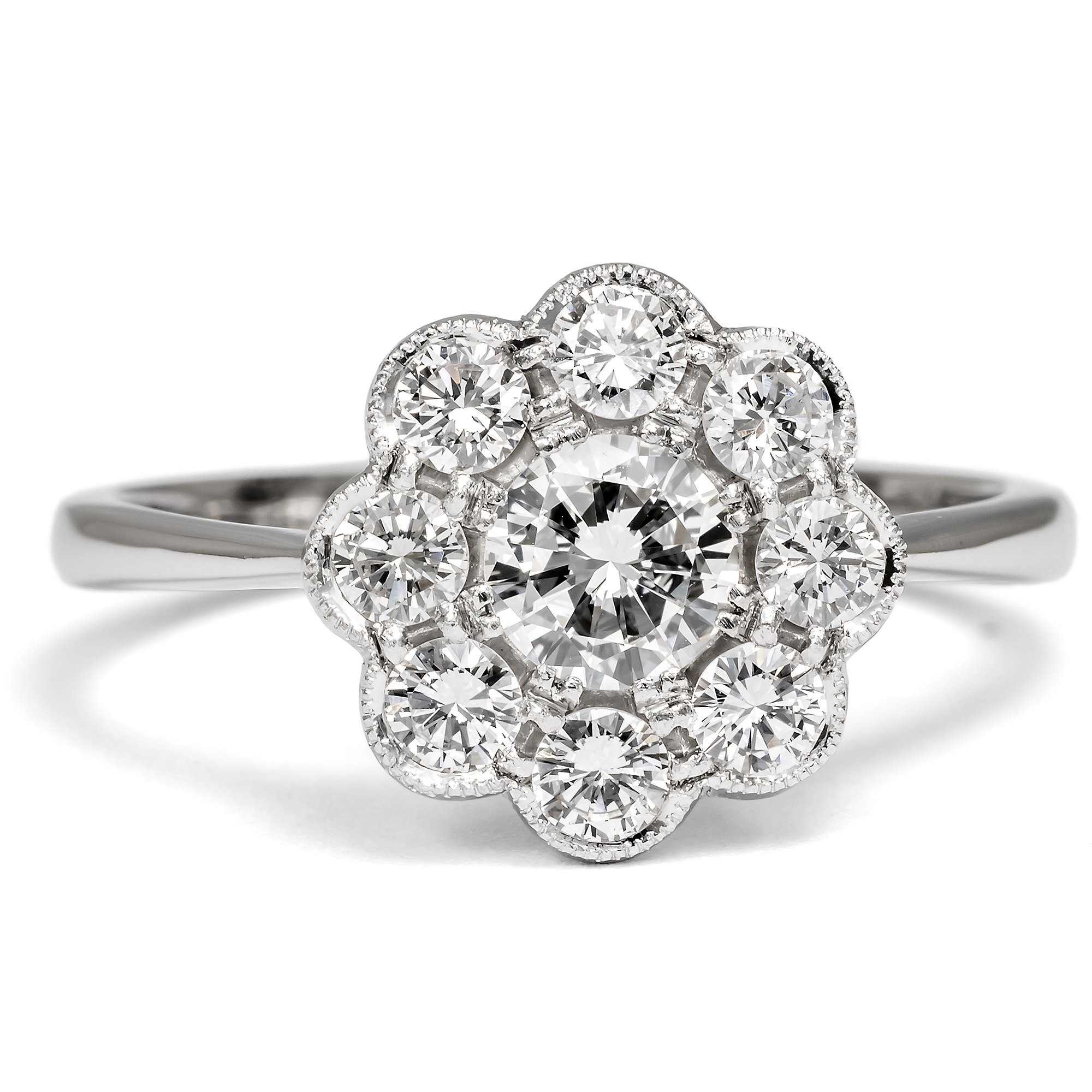 Sustainable Flower Ring with Vintage Diamonds in Platinum From Our Workshop Sustainable Flower Ring with Vintage Diamonds in Platinum From Our Workshop