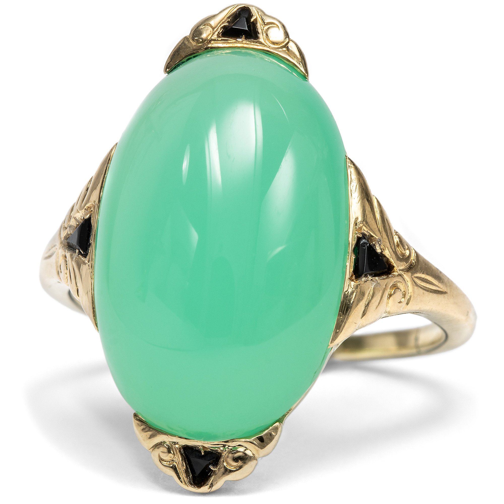 Cocktailring des Art Déco mit Chrysopras & Onyx, Deutschland um 1935 Cocktailring des Art Déco mit Chrysopras & Onyx, Deutschland um 1935