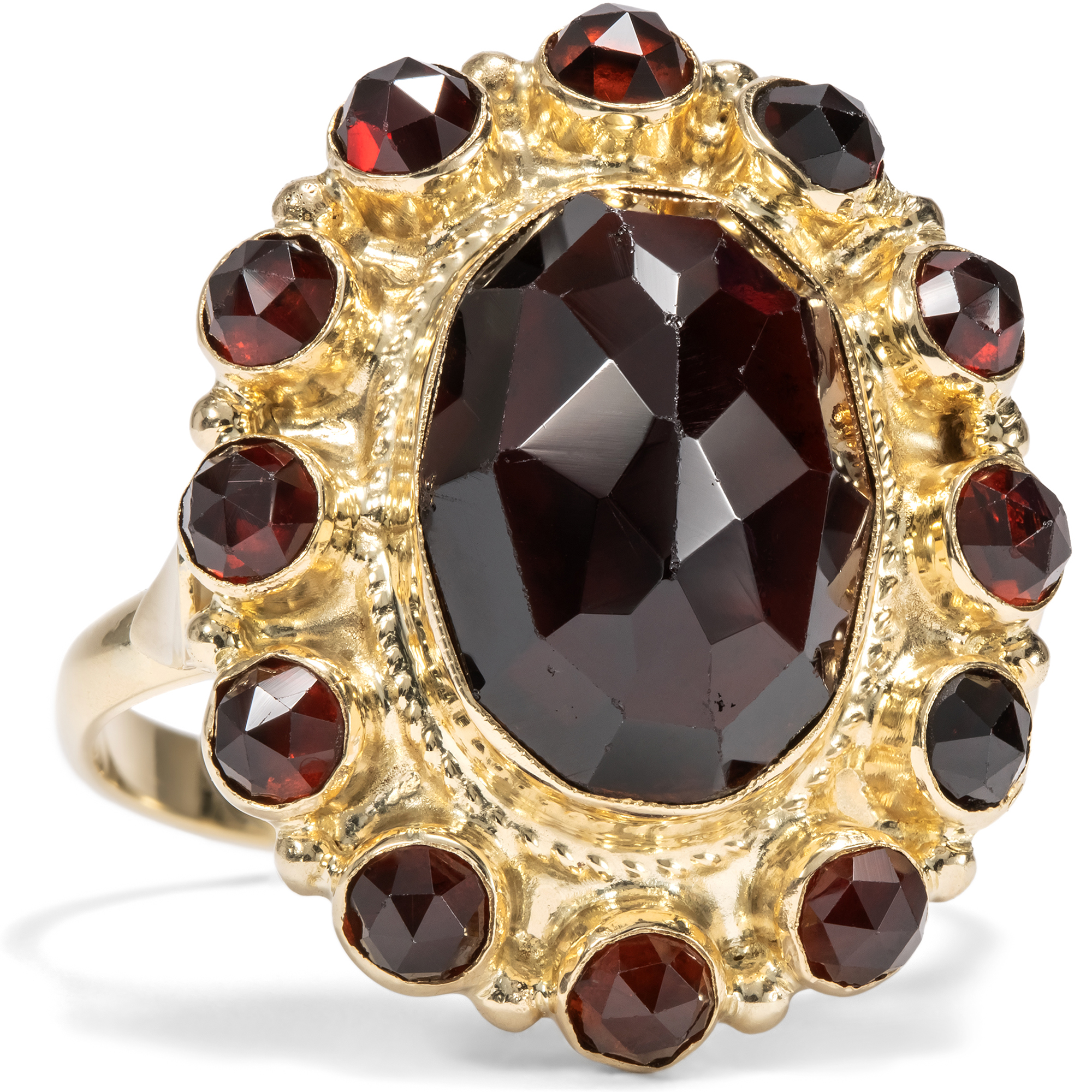 Romantischer vintage Ring mit roten Granaten in Gold, wohl Niederlande, um 1970 Romantischer vintage Ring mit roten Granaten in Gold, wohl Niederlande, um 1970