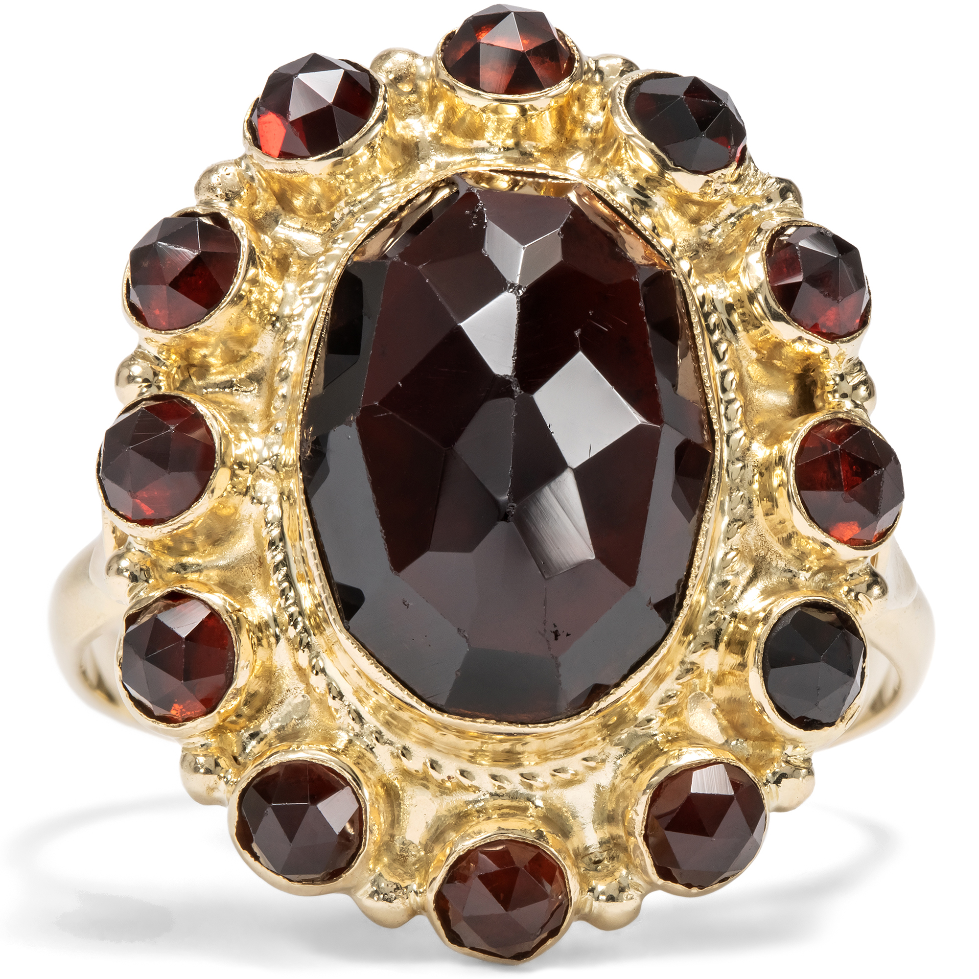 Romantischer vintage Ring mit roten Granaten in Gold, wohl Niederlande, um 1970 Romantischer vintage Ring mit roten Granaten in Gold, wohl Niederlande, um 1970