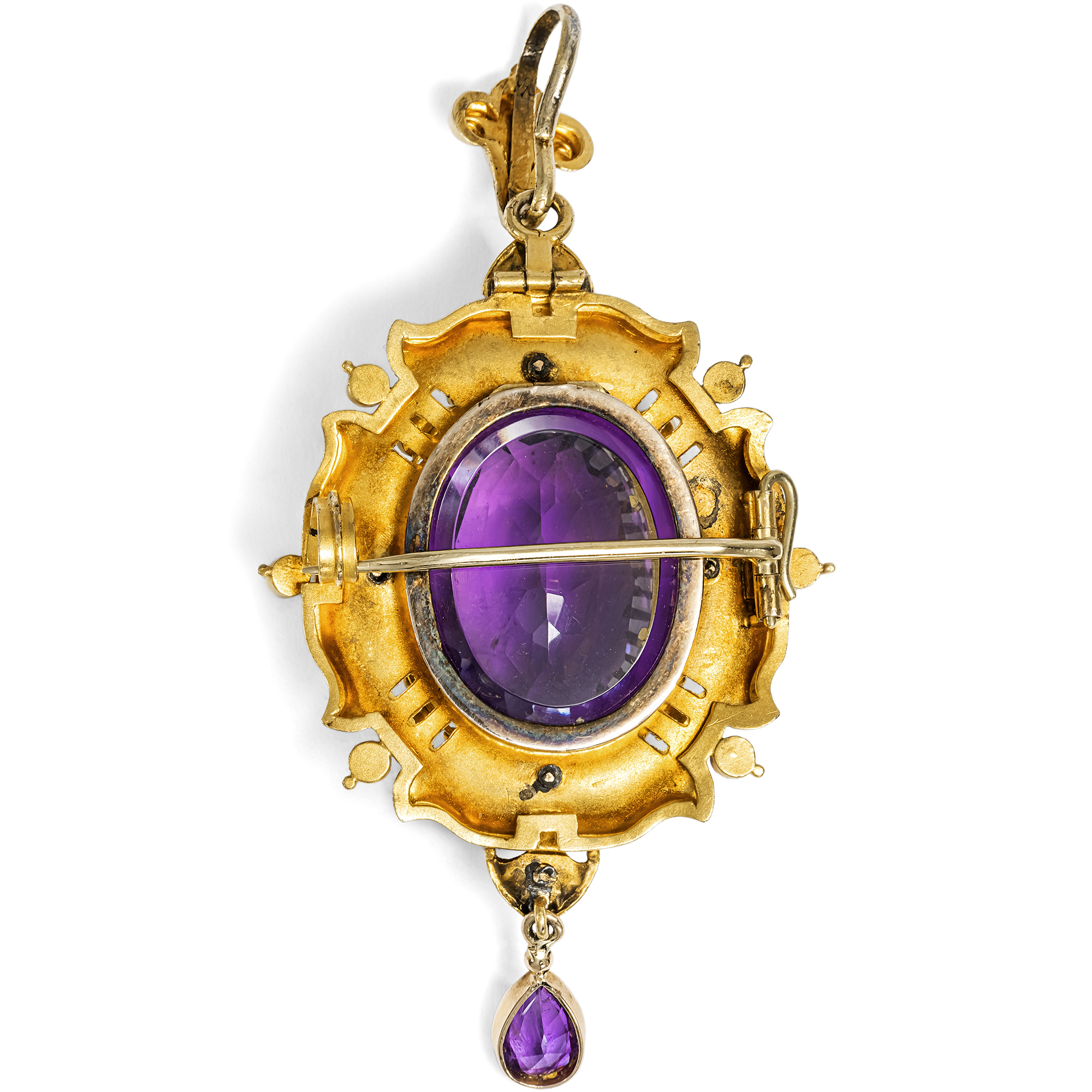 Prachtvolle Anhänger-Brosche mit Amethyst & Medaillonfach, um 1885 Prachtvolle Anhänger-Brosche mit Amethyst & Medaillonfach, um 1885
