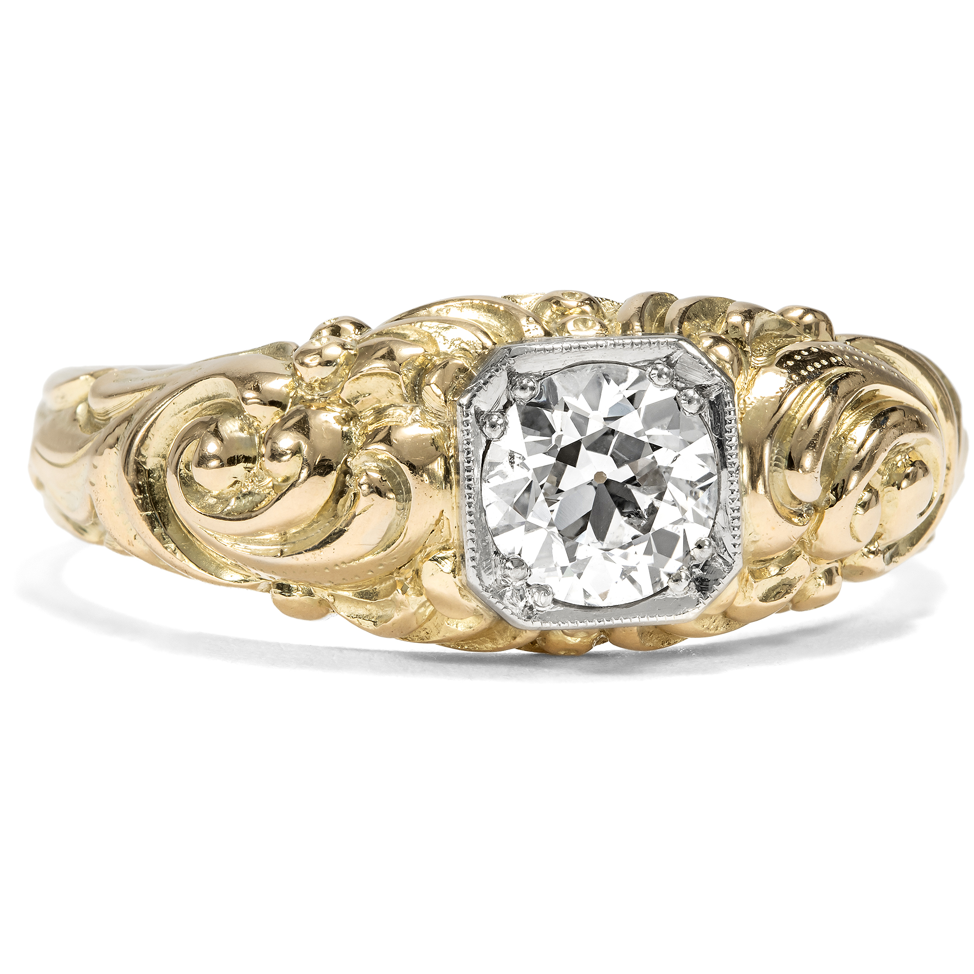 Ring des späten Art Déco mit Diamant im Altschliff in Platin & Gold, um 1935 Ring des späten Art Déco mit Diamant im Altschliff in Platin & Gold, um 1935