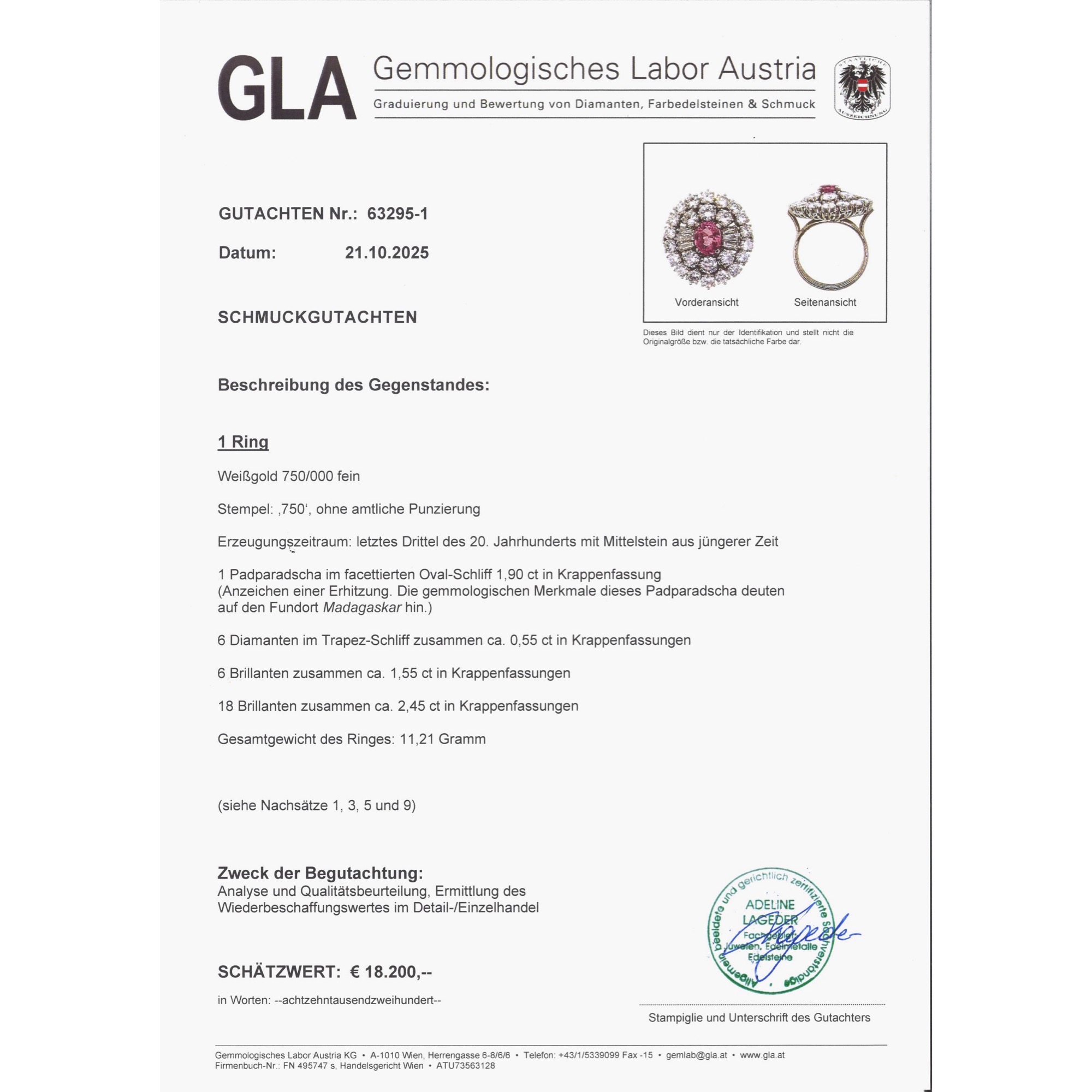 Prachtvoller vintage Ring mit Padparadscha-Saphir & Diamanten, um 1965 & später Prachtvoller vintage Ring mit Padparadscha-Saphir & Diamanten, um 1965 & später