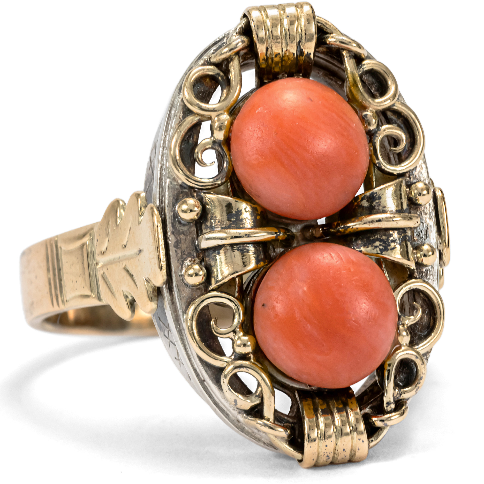 Ungewöhnlicher Ring aus Gold & Silber mit roten Korallen, Deutschland um 1930 Ungewöhnlicher Ring aus Gold & Silber mit roten Korallen, Deutschland um 1930