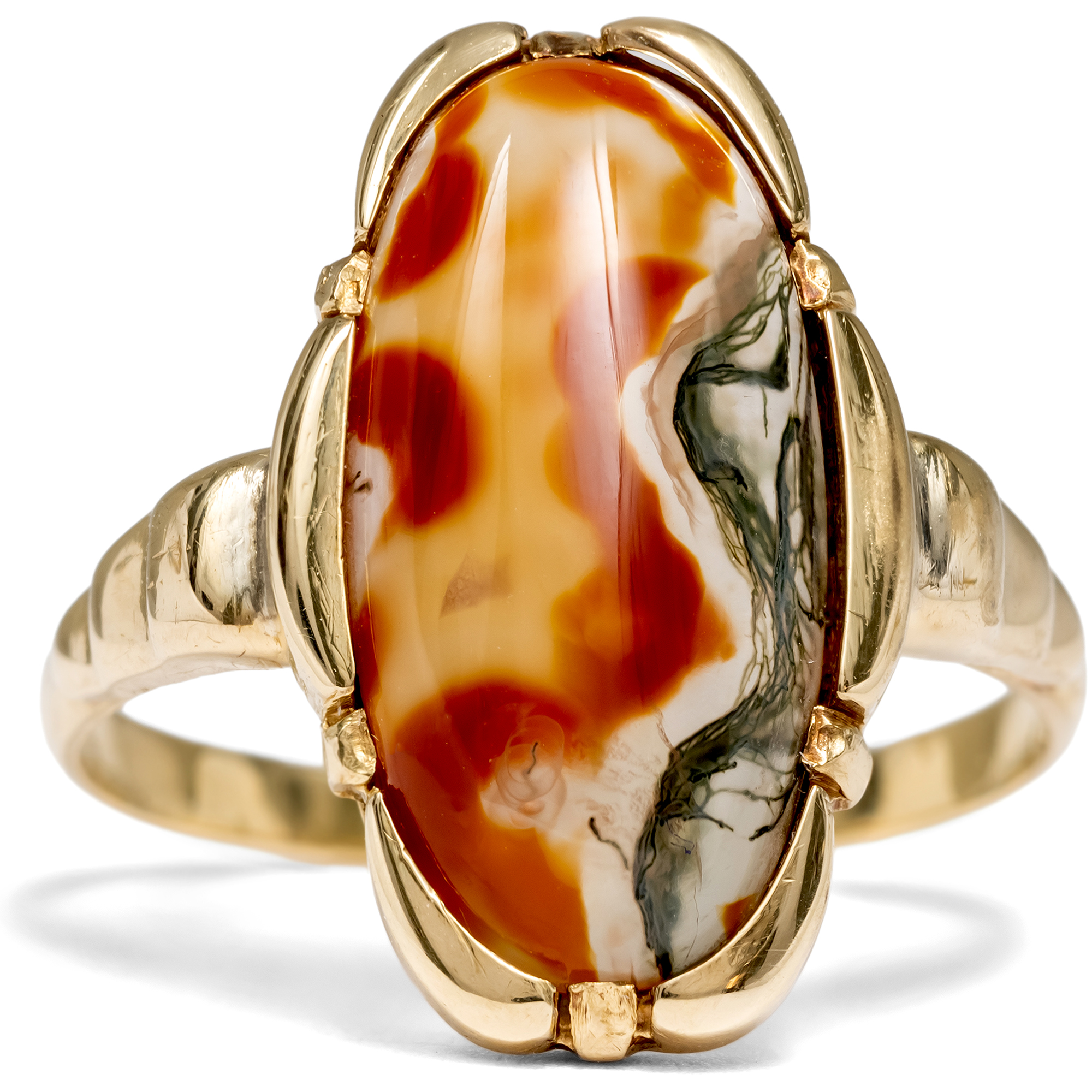 Eleganter Goldring mit Moosachat des späten Art Déco, um 1935 Eleganter Goldring mit Moosachat des späten Art Déco, um 1935
