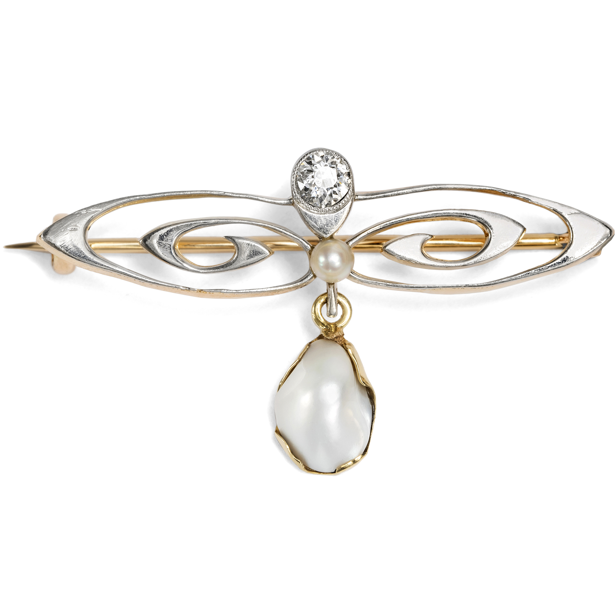 Antique Brooch with Pearls & Diamond in Platinum on Gold, c. 1900 & Later Antique Brooch with Pearls & Diamond in Platinum on Gold, c. 1900 & Later