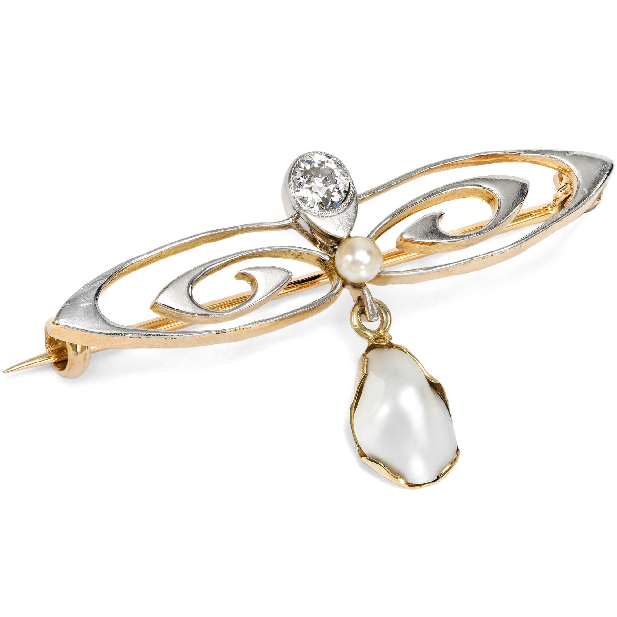 Antique Brooch with Pearls & Diamond in Platinum on Gold, c. 1900 & Later Antique Brooch with Pearls & Diamond in Platinum on Gold, c. 1900 & Later