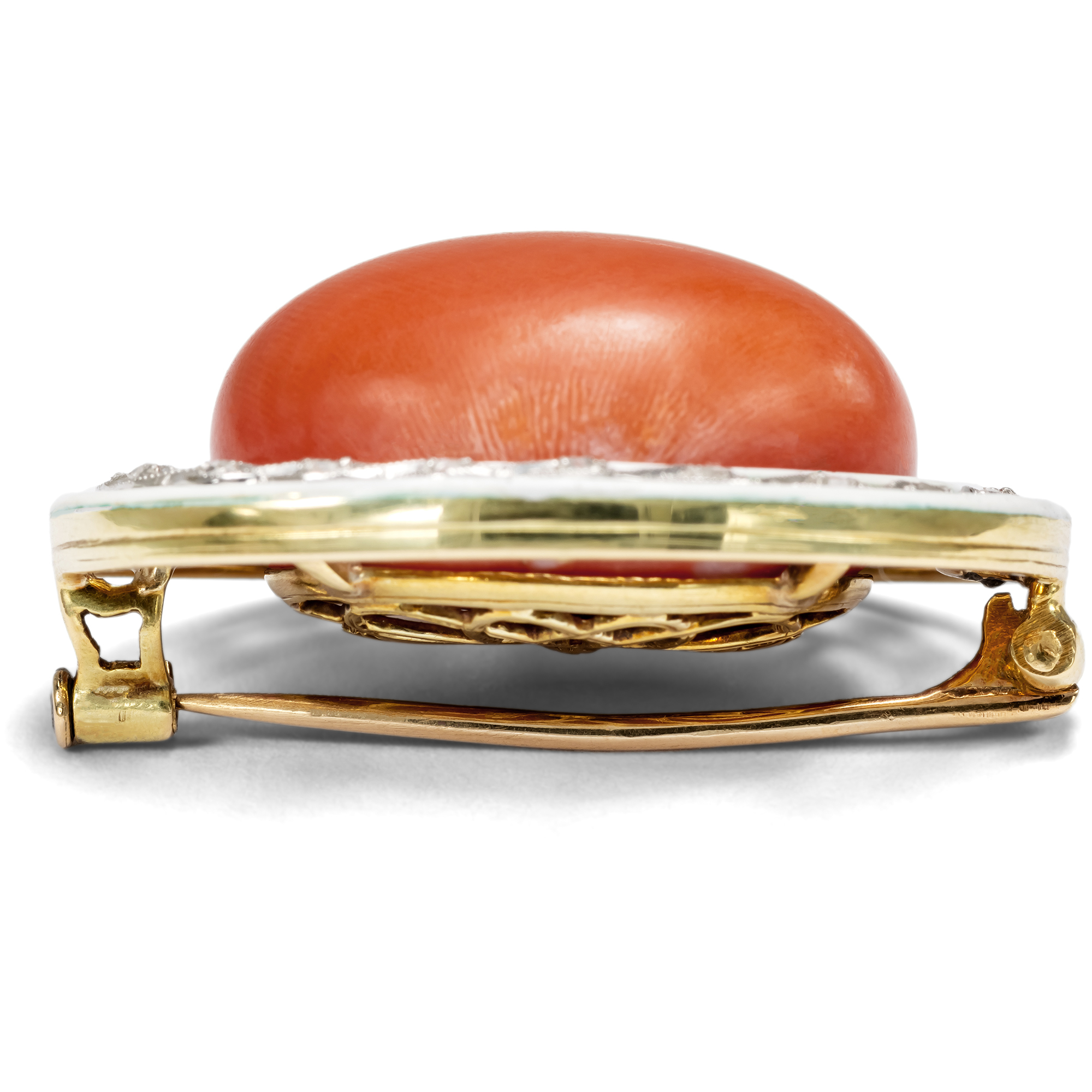 Unusual Antique Brooch with Coral, Diamonds & Enamel, c. 1910 Unusual Antique Brooch with Coral, Diamonds & Enamel, c. 1910