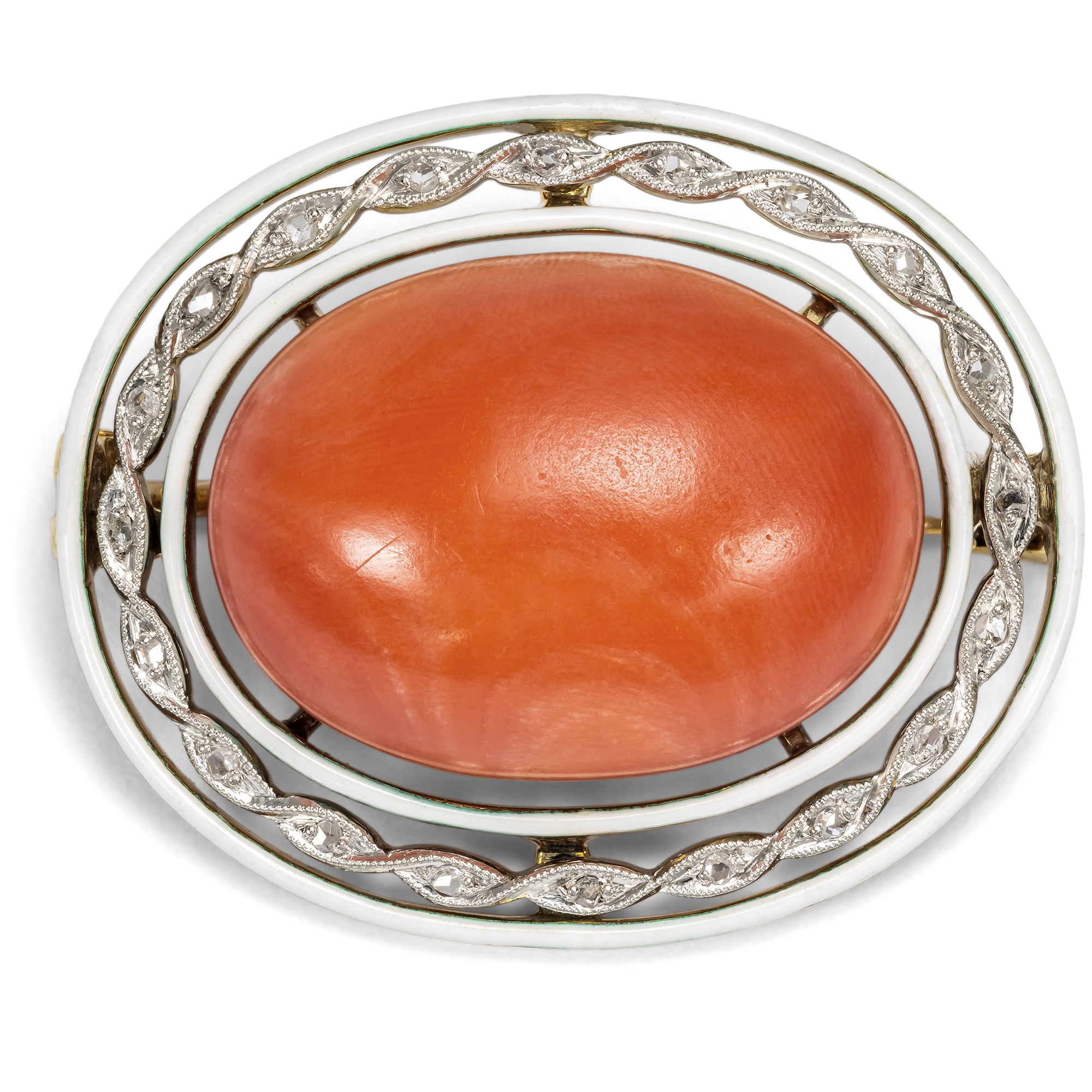 Unusual Antique Brooch with Coral, Diamonds & Enamel, c. 1910 Unusual Antique Brooch with Coral, Diamonds & Enamel, c. 1910