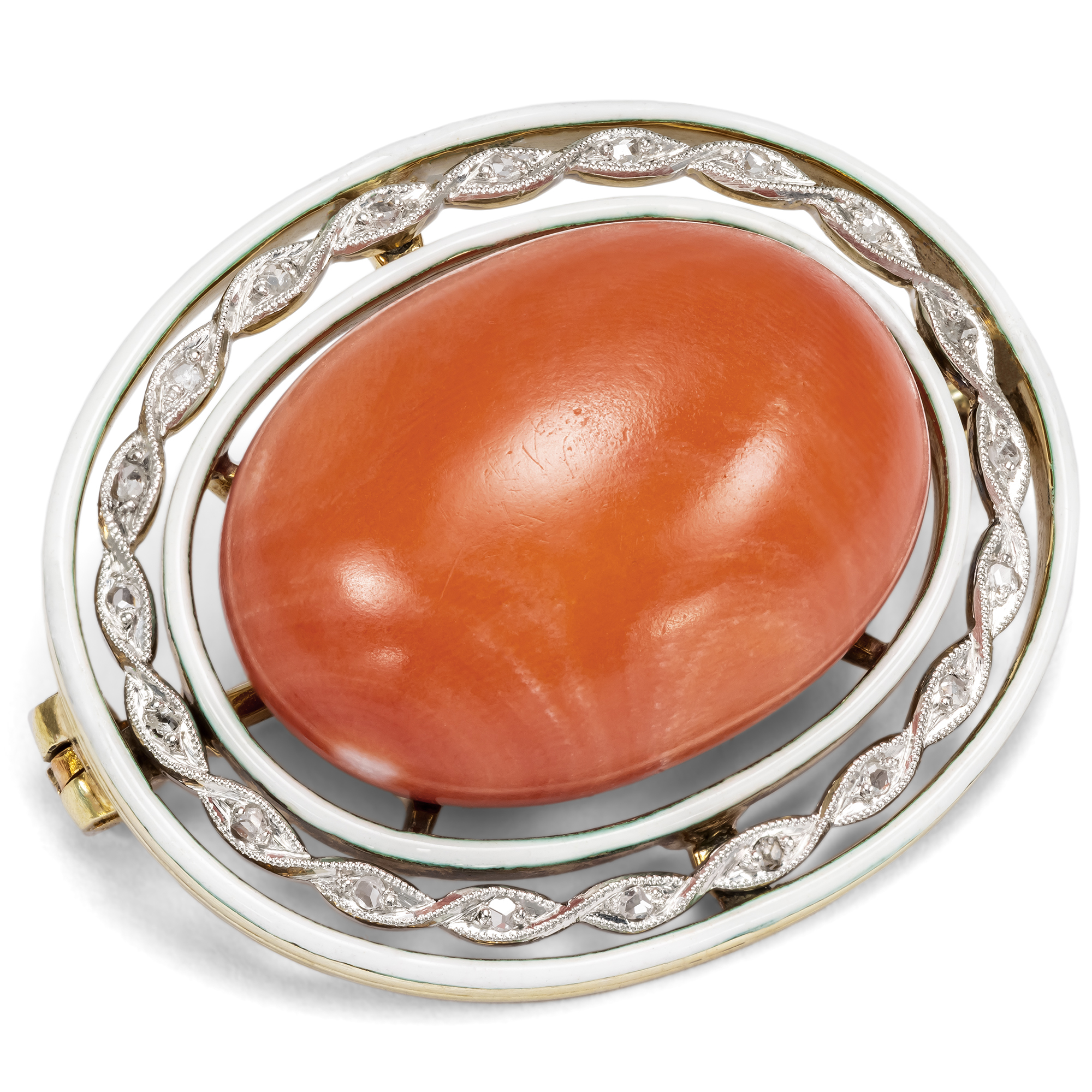 Unusual Antique Brooch with Coral, Diamonds & Enamel, c. 1910 Unusual Antique Brooch with Coral, Diamonds & Enamel, c. 1910