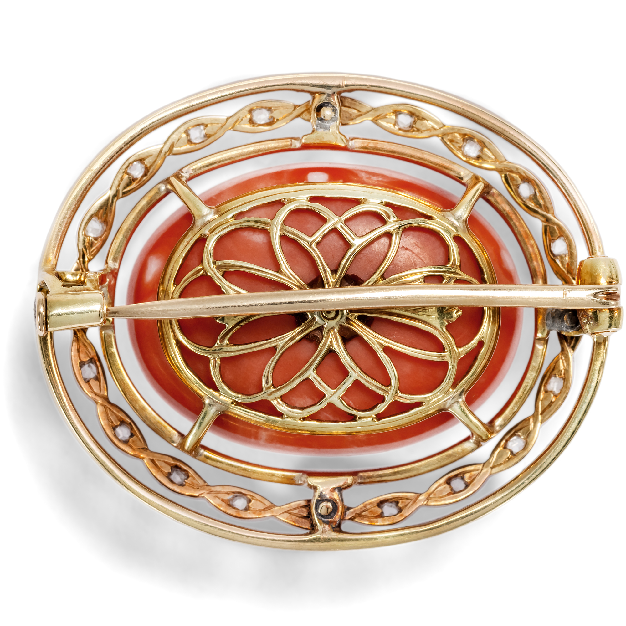 Unusual Antique Brooch with Coral, Diamonds & Enamel, c. 1910 Unusual Antique Brooch with Coral, Diamonds & Enamel, c. 1910