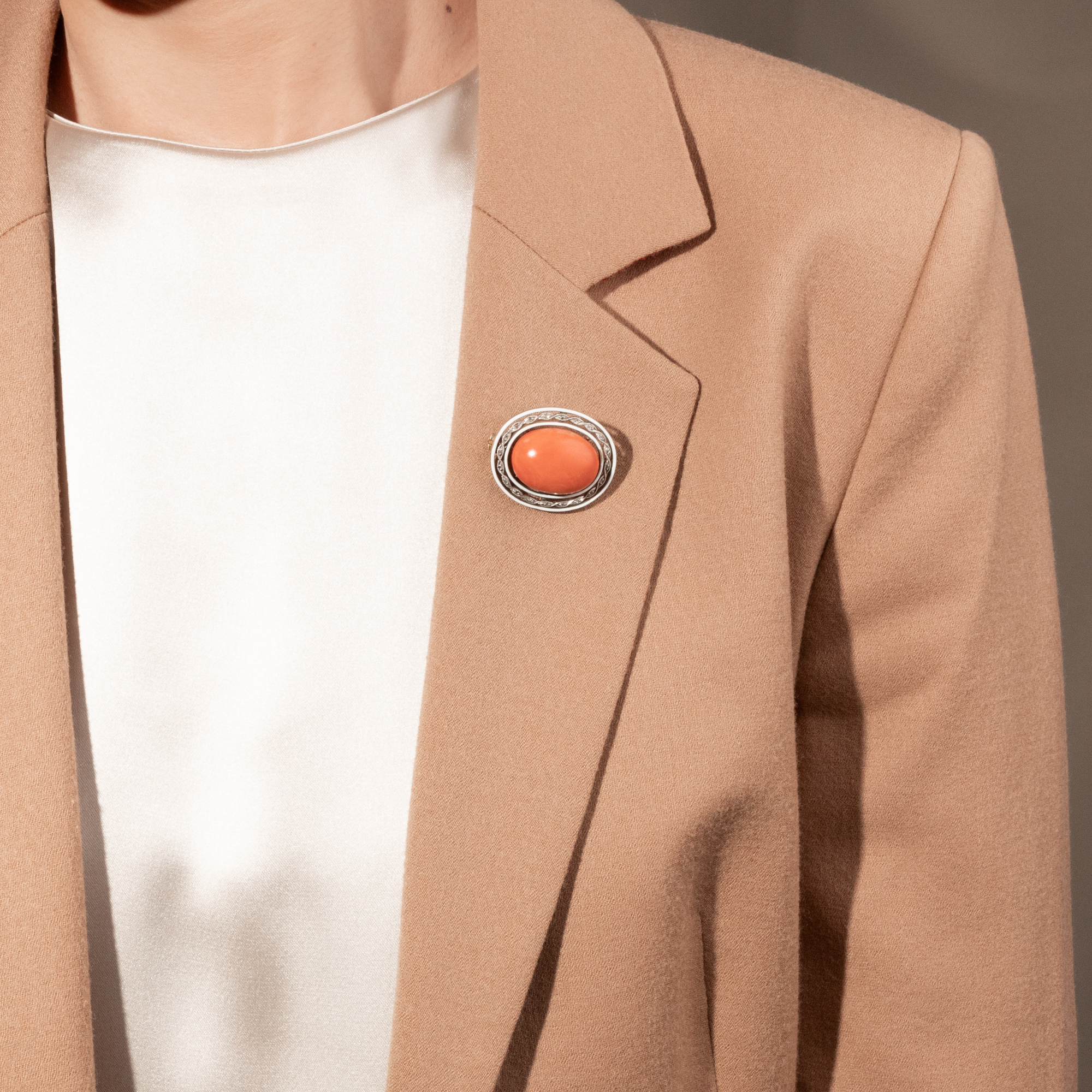 Unusual Antique Brooch with Coral, Diamonds & Enamel, c. 1910 Unusual Antique Brooch with Coral, Diamonds & Enamel, c. 1910