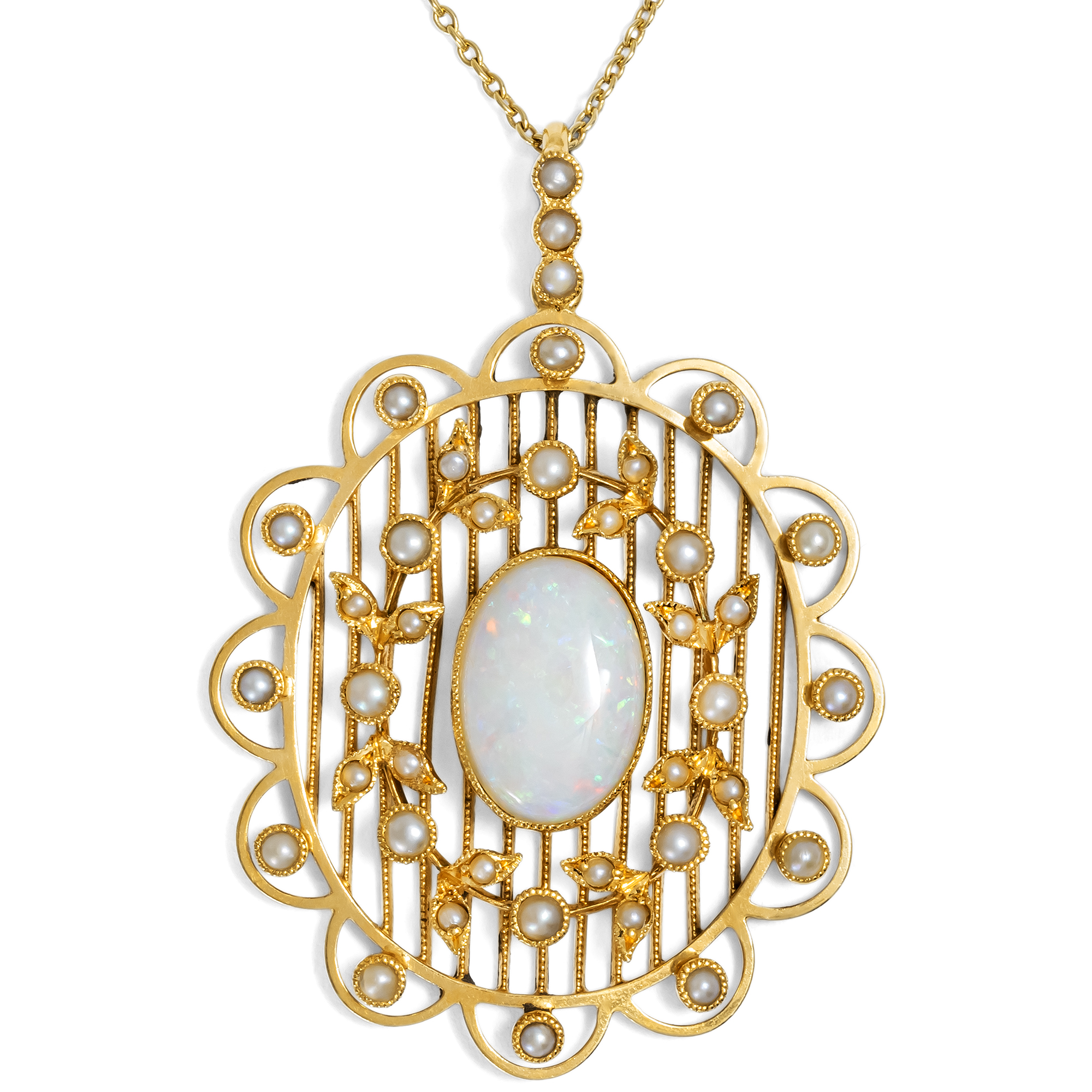 Antiker Anhänger mit australischem Opal & Perlen in Gold, um 1900 Antiker Anhänger mit australischem Opal & Perlen in Gold, um 1900