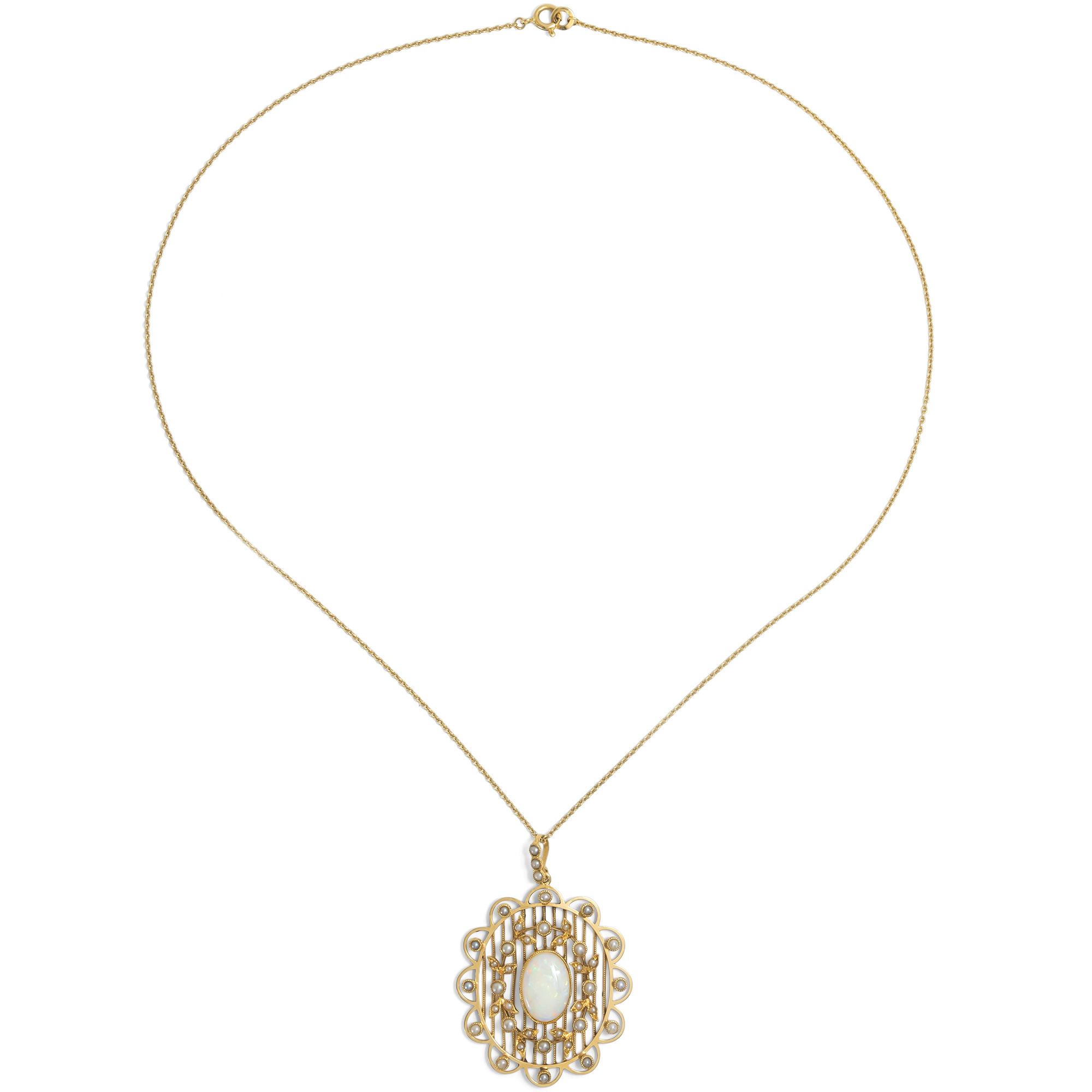 Antiker Anhänger mit australischem Opal & Perlen in Gold, um 1900 Antiker Anhänger mit australischem Opal & Perlen in Gold, um 1900