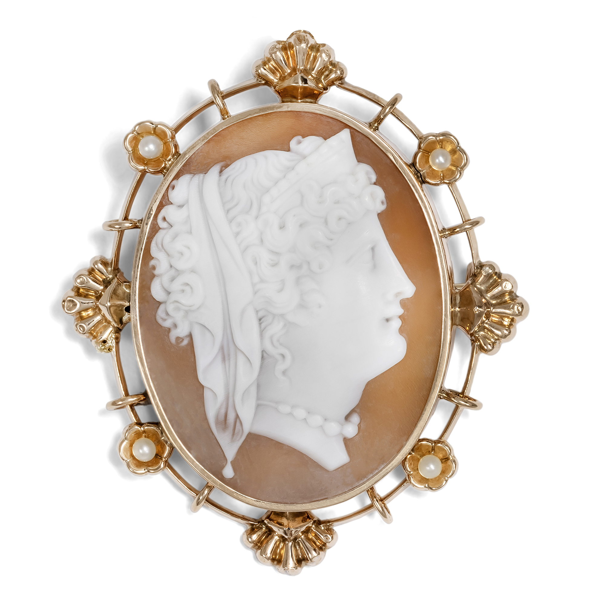 Antike Anhänger-Brosche mit Muschelkamee der Hera in Gold, um 1880 Antike Anhänger-Brosche mit Muschelkamee der Hera in Gold, um 1880