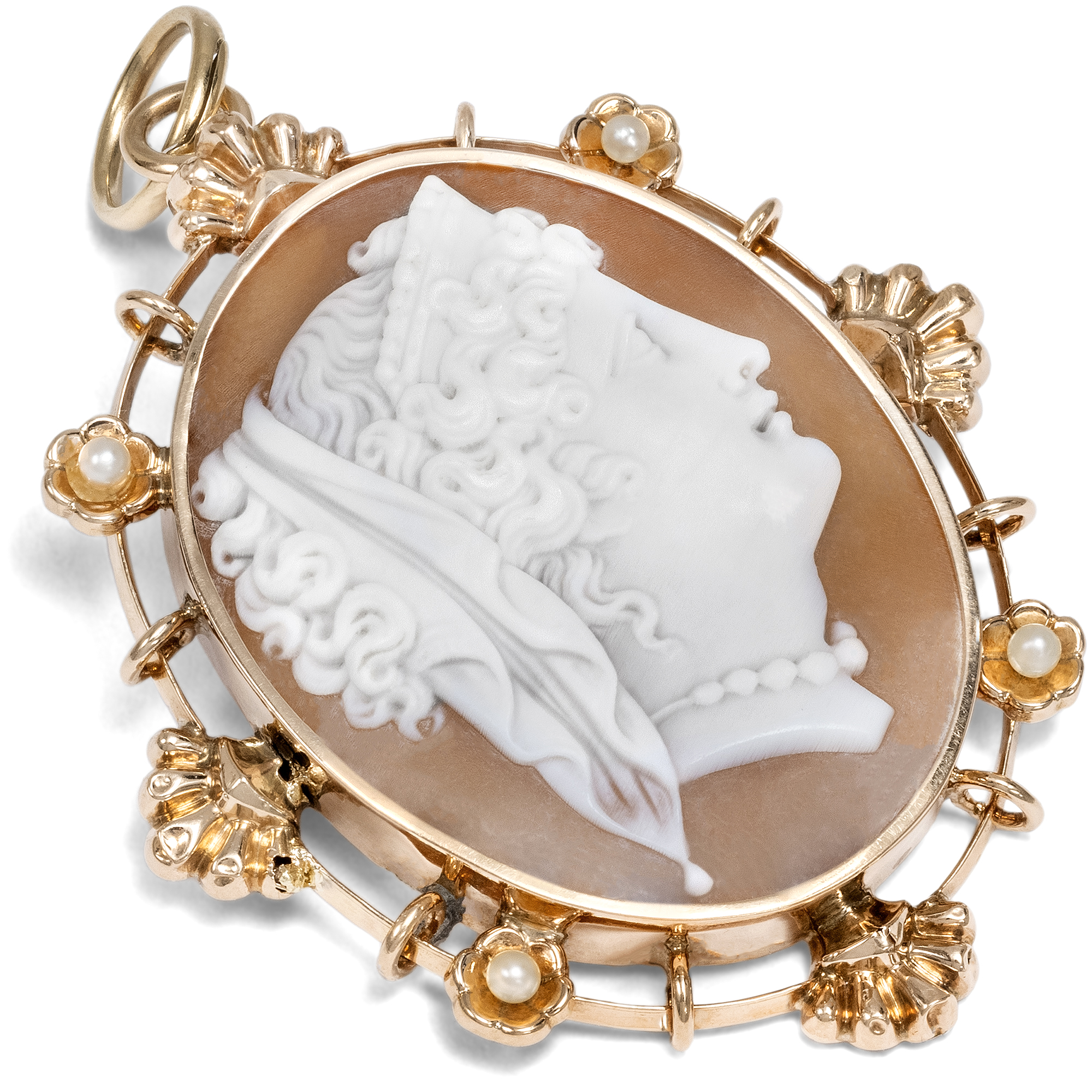 Antike Anhänger-Brosche mit Muschelkamee der Hera in Gold, um 1880 Antike Anhänger-Brosche mit Muschelkamee der Hera in Gold, um 1880
