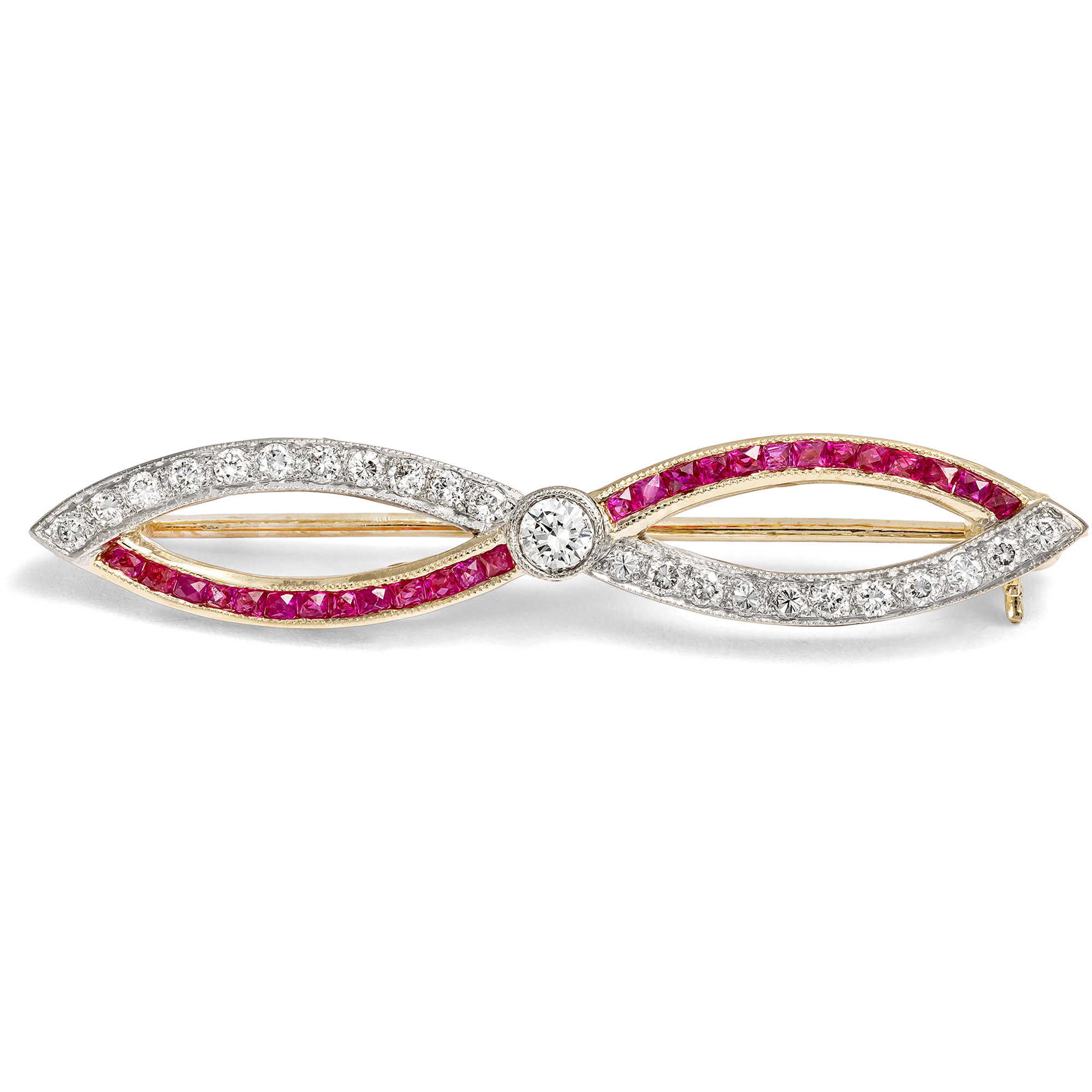 VIntage Brosche mit kalibrierten Rubinen & Diamanten in Gold, um 1985 VIntage Brosche mit kalibrierten Rubinen & Diamanten in Gold, um 1985