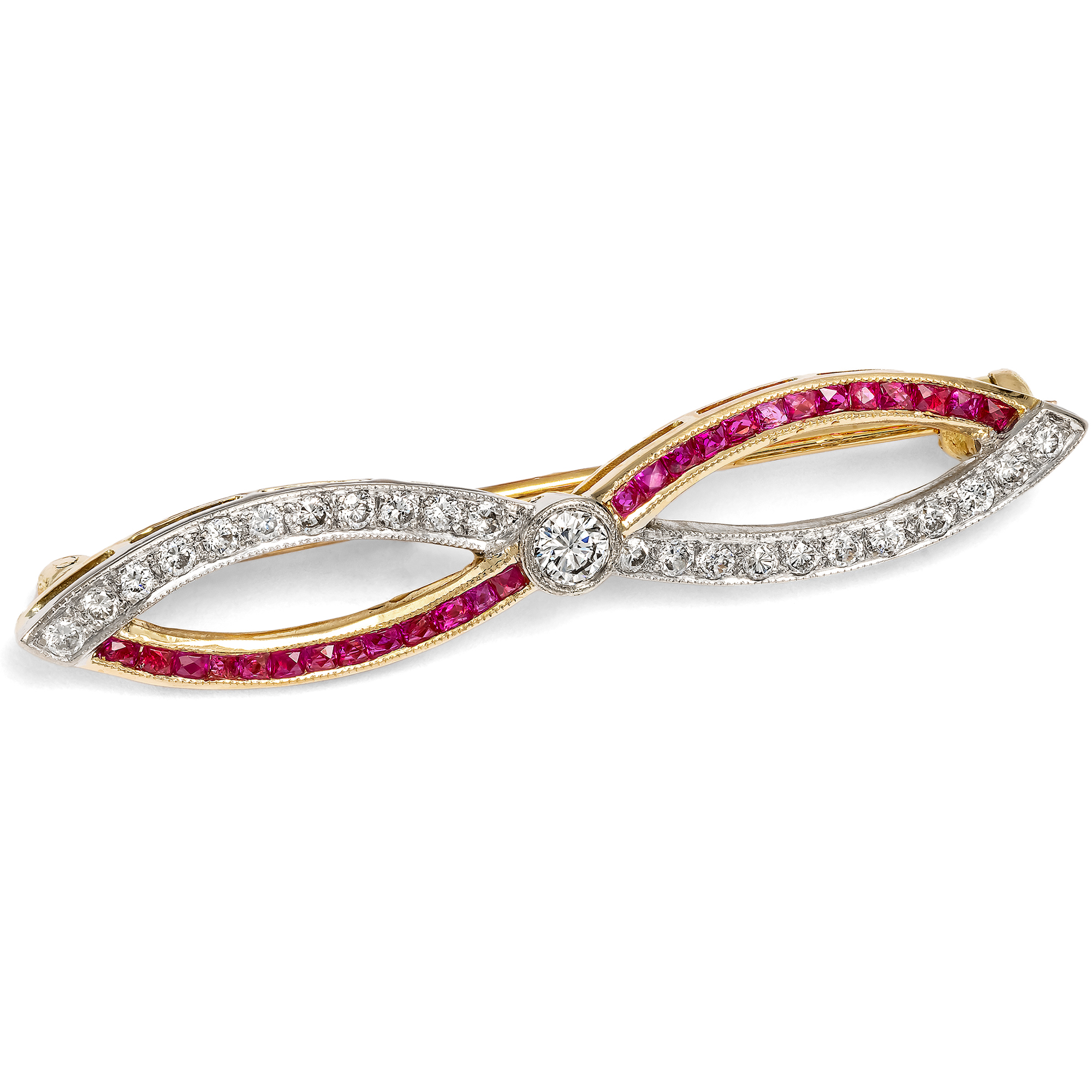 VIntage Brosche mit kalibrierten Rubinen & Diamanten in Gold, um 1985 VIntage Brosche mit kalibrierten Rubinen & Diamanten in Gold, um 1985