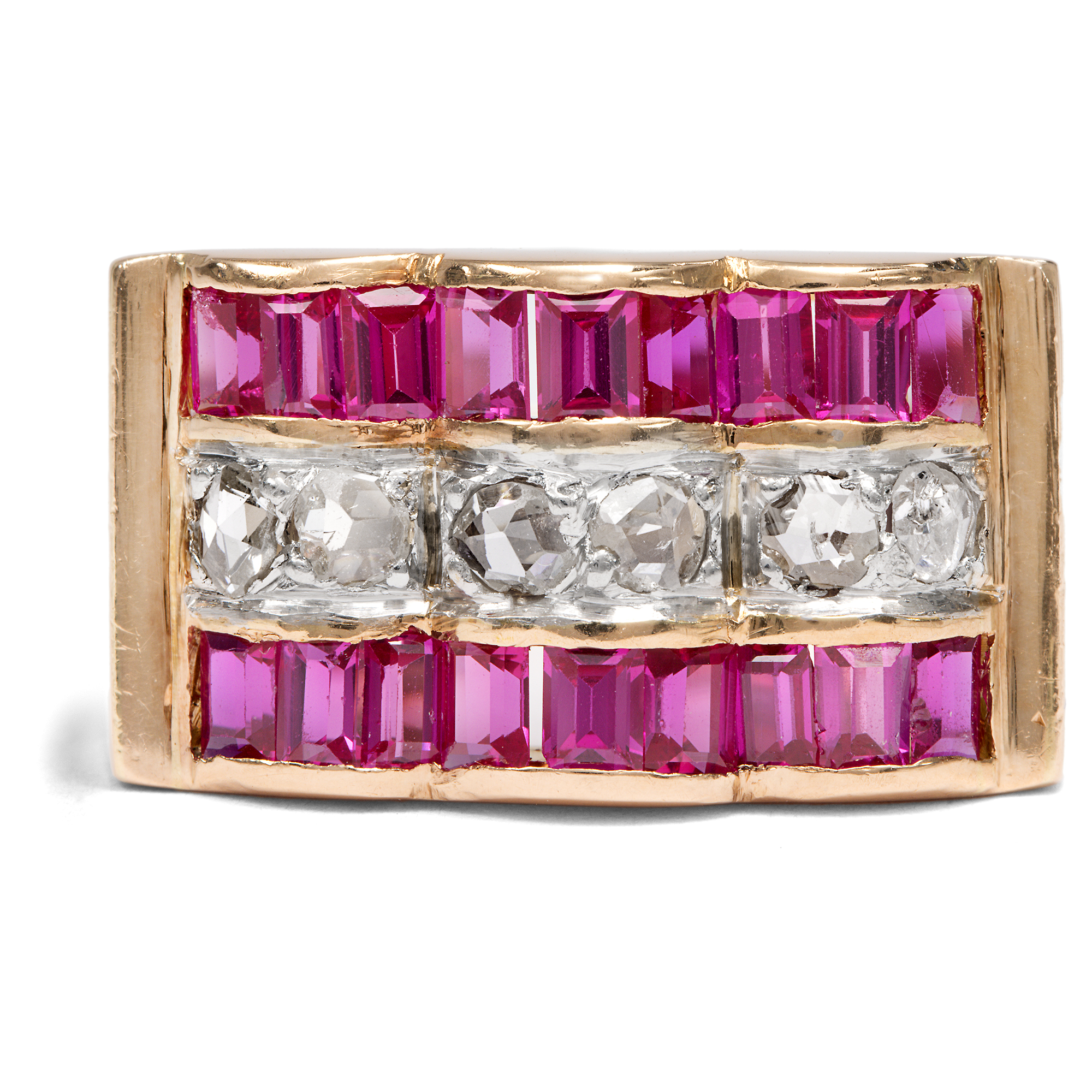 Prächtiger„ Tank“-Ring mit Diamanten & synthetischen Rubinen in Gold, Lyon 1940er Jahre Prächtiger„ Tank“-Ring mit Diamanten & synthetischen Rubinen in Gold, Lyon 1940er Jahre