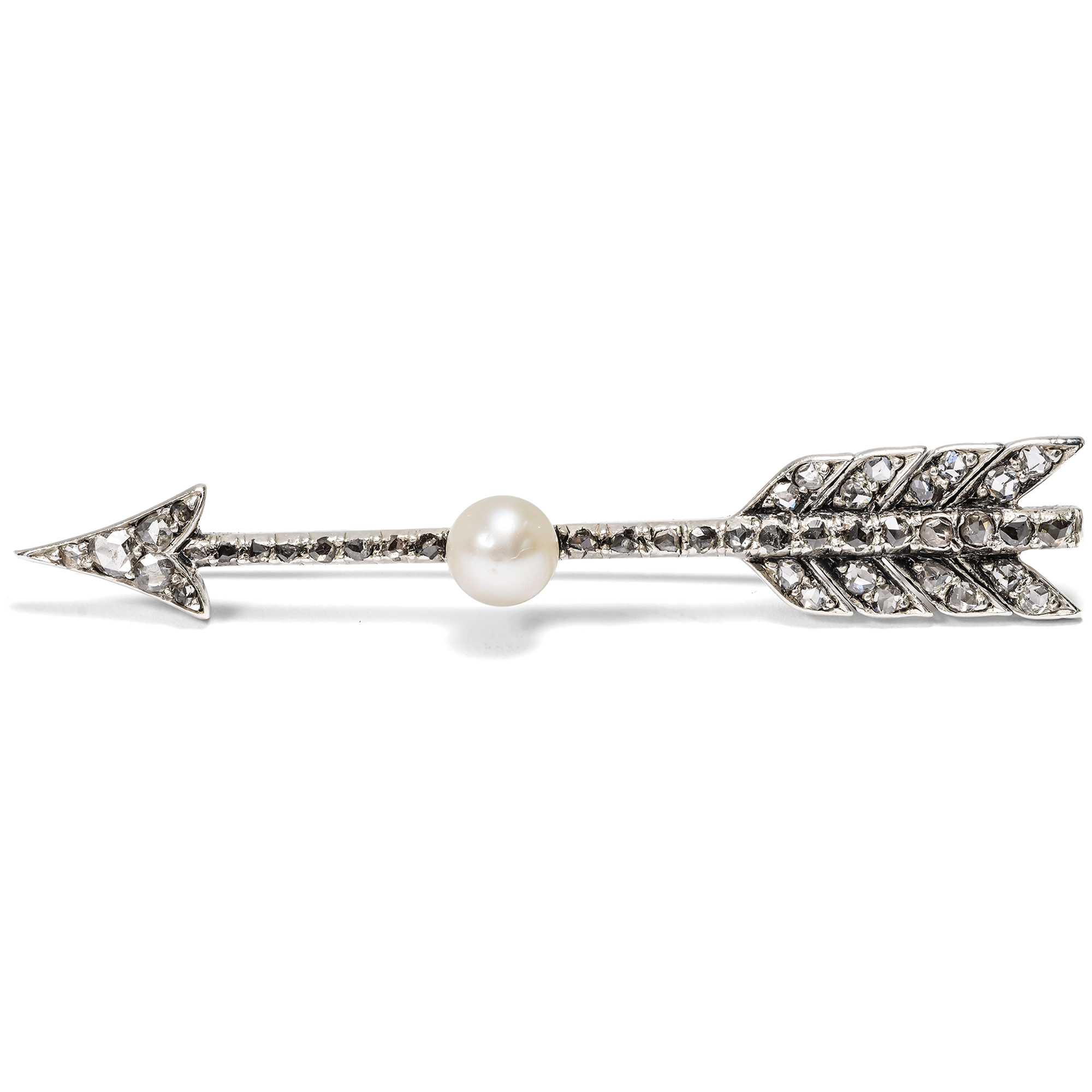 Romantische Brosche mit Perle & Diamanten in Silber auf Gold, England um 1900 Romantische Brosche mit Perle & Diamanten in Silber auf Gold, England um 1900
