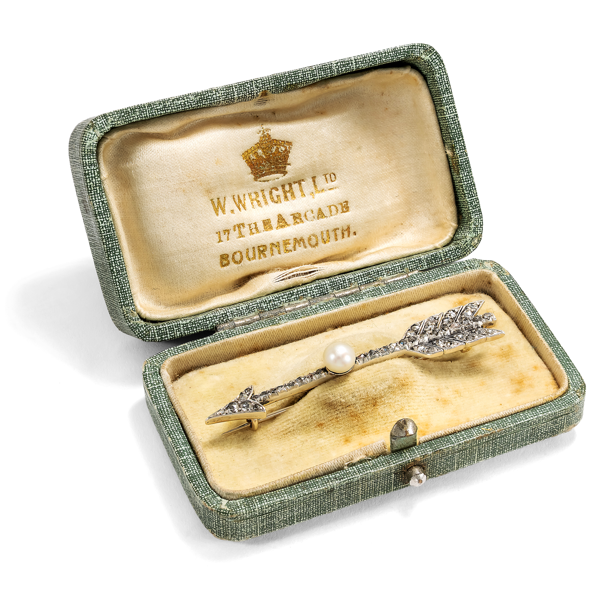 Romantische Brosche mit Perle & Diamanten in Silber auf Gold, England um 1900 Romantische Brosche mit Perle & Diamanten in Silber auf Gold, England um 1900