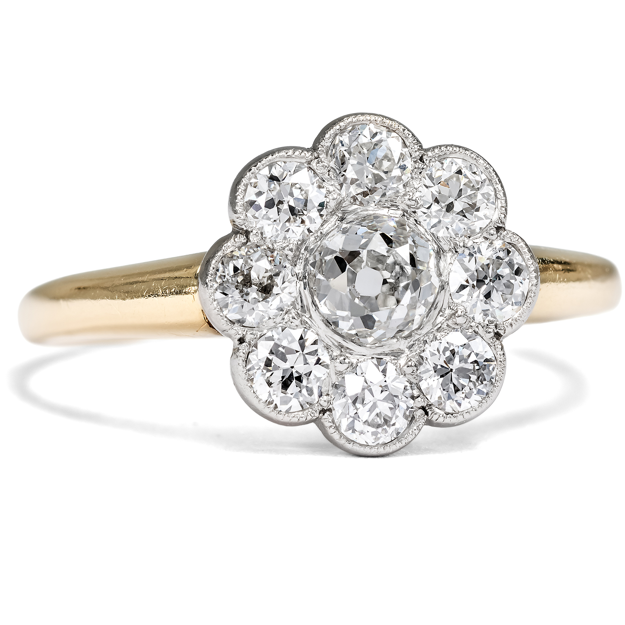 Feiner „Daisy“-Ring mit Diamanten im Altschliff in Gold & Platin, um 1900 Feiner „Daisy“-Ring mit Diamanten im Altschliff in Gold & Platin, um 1900