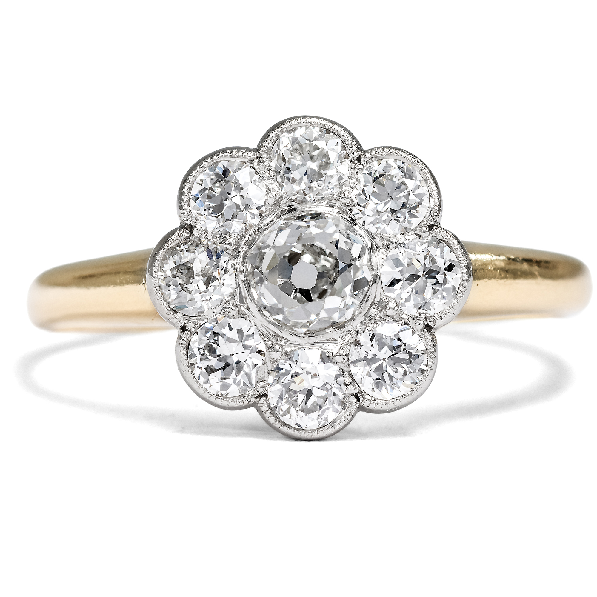 Feiner „Daisy“-Ring mit Diamanten im Altschliff in Gold & Platin, um 1900 Feiner „Daisy“-Ring mit Diamanten im Altschliff in Gold & Platin, um 1900