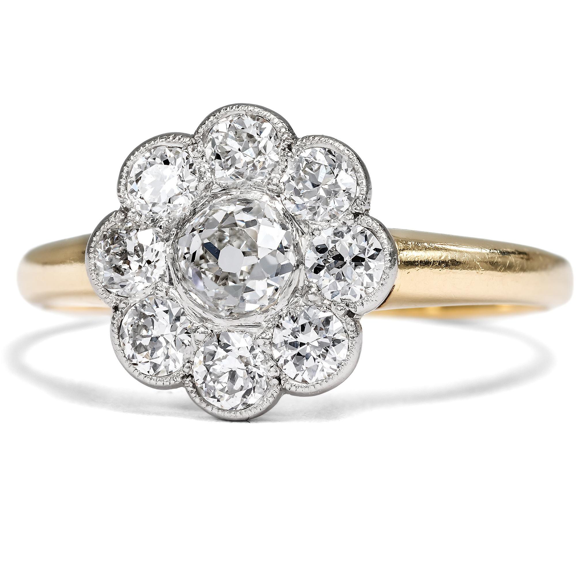 Feiner „Daisy“-Ring mit Diamanten im Altschliff in Gold & Platin, um 1900 Feiner „Daisy“-Ring mit Diamanten im Altschliff in Gold & Platin, um 1900