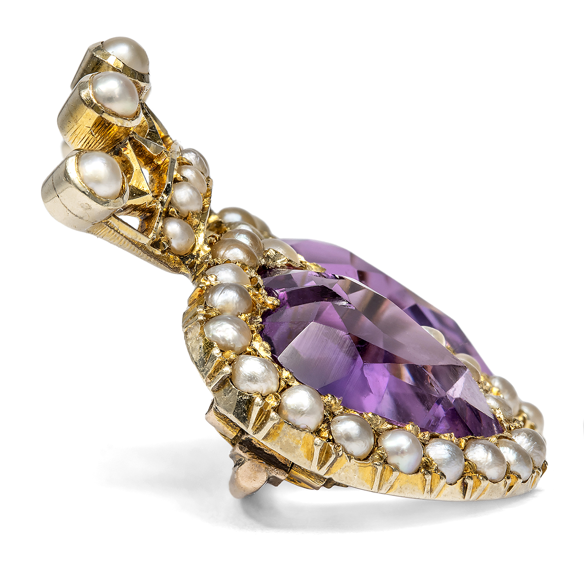 Romantische Amethyst- & Naturperlen Brosche mit zwei Herzen, Großbritannien um 1890 Romantische Amethyst- & Naturperlen Brosche mit zwei Herzen, Großbritannien um 1890
