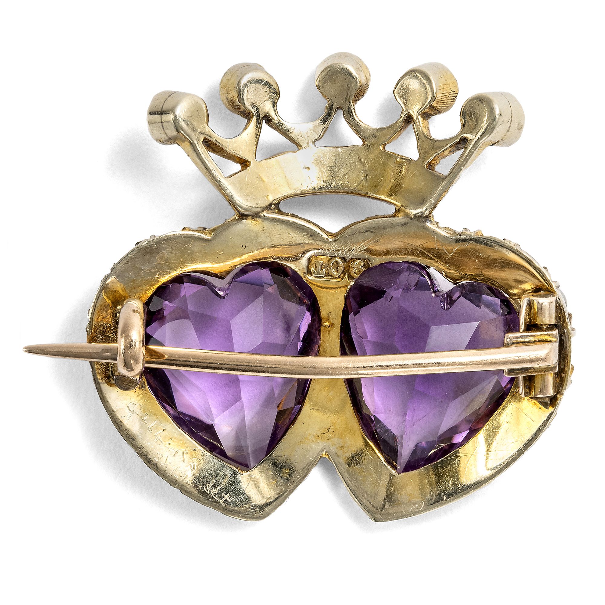 Romantische Amethyst- & Naturperlen Brosche mit zwei Herzen, Großbritannien um 1890 Romantische Amethyst- & Naturperlen Brosche mit zwei Herzen, Großbritannien um 1890