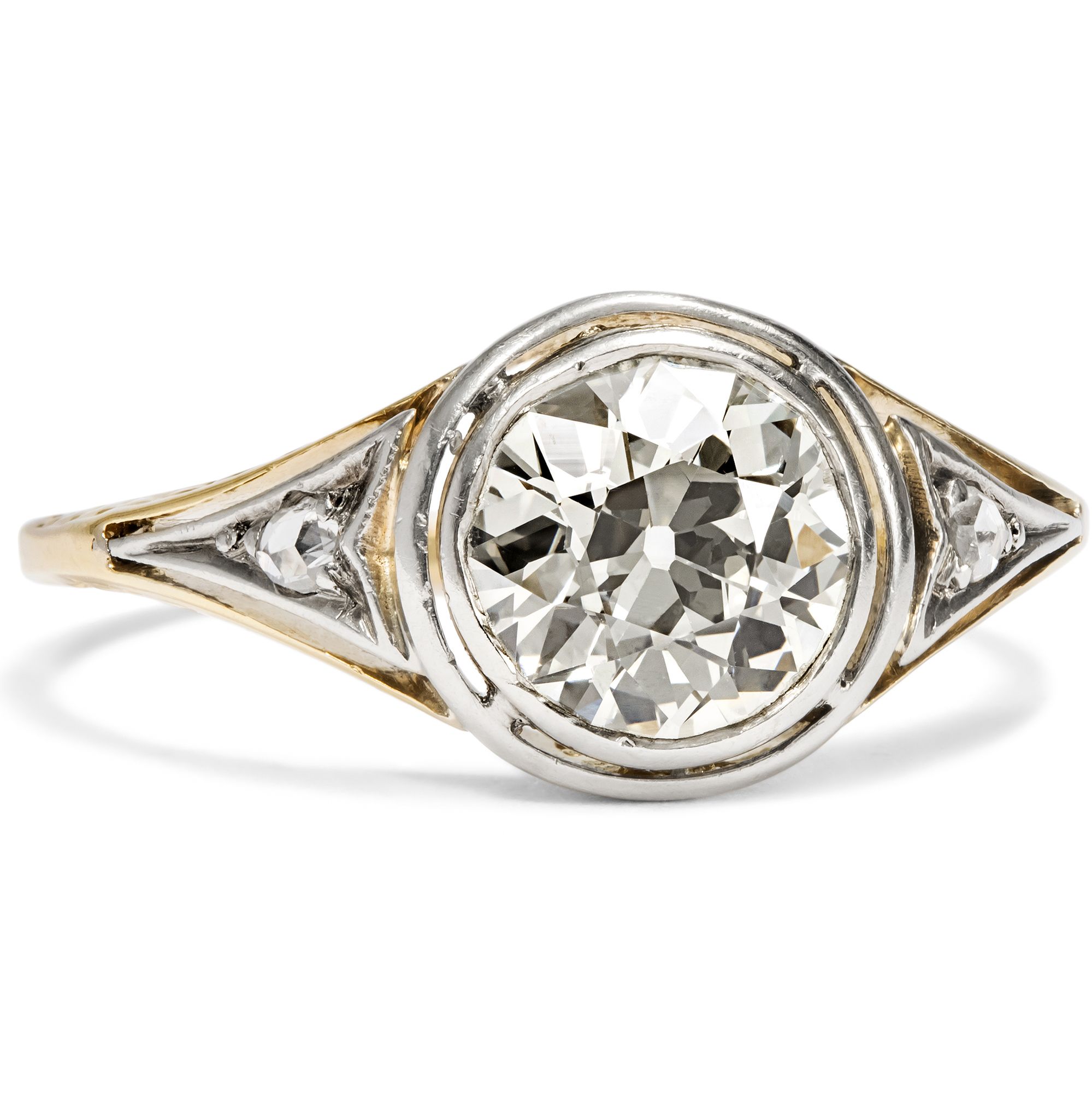 Antique Ring With 1.45 Ct Old Cut Diamond In Gold & Silver, Circa 1930 Antique Ring With 1.45 Ct Old Cut Diamond In Gold & Silver, Circa 1930