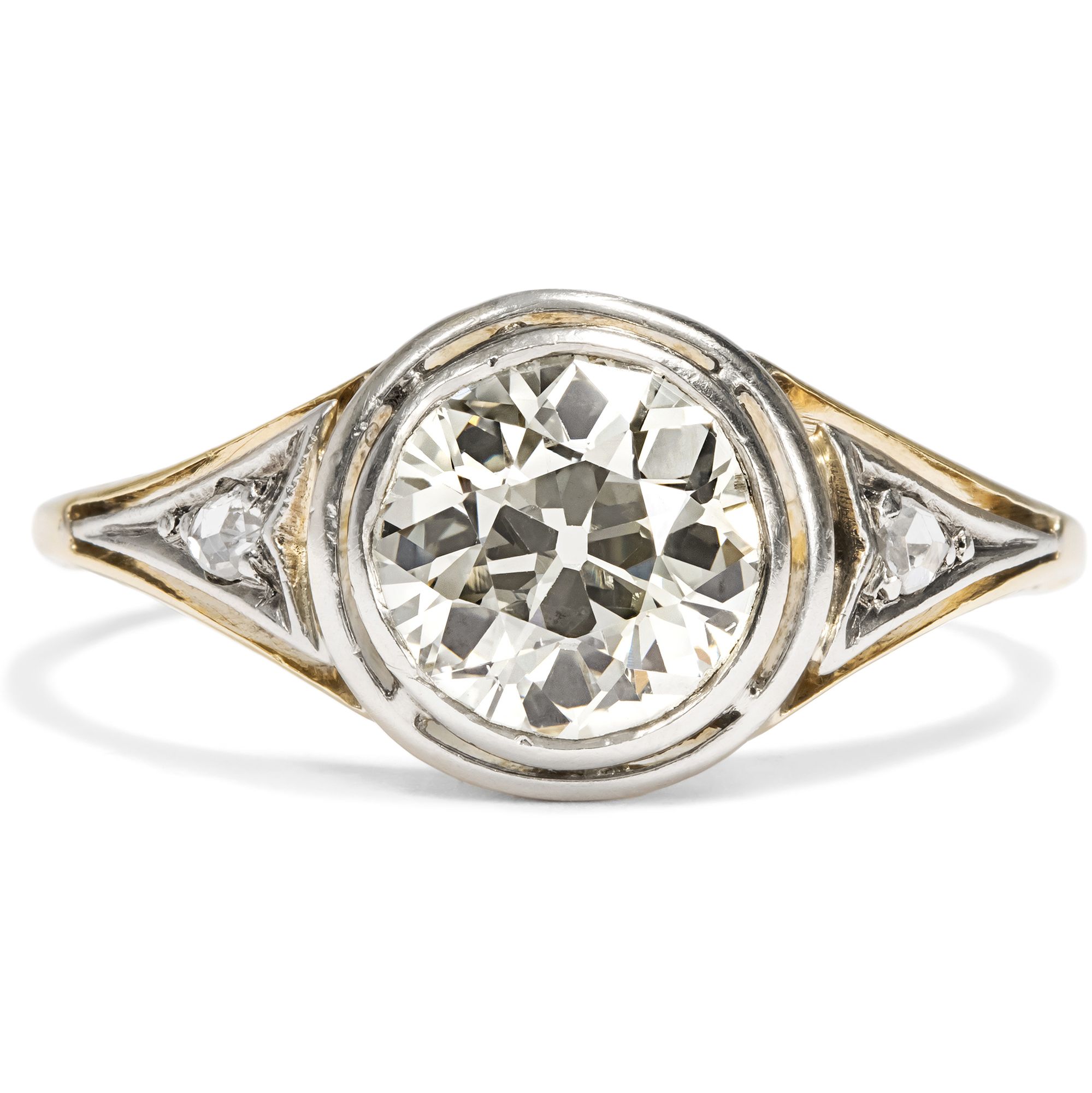 Antique Ring With 1.45 Ct Old Cut Diamond In Gold & Silver, Circa 1930 Antique Ring With 1.45 Ct Old Cut Diamond In Gold & Silver, Circa 1930