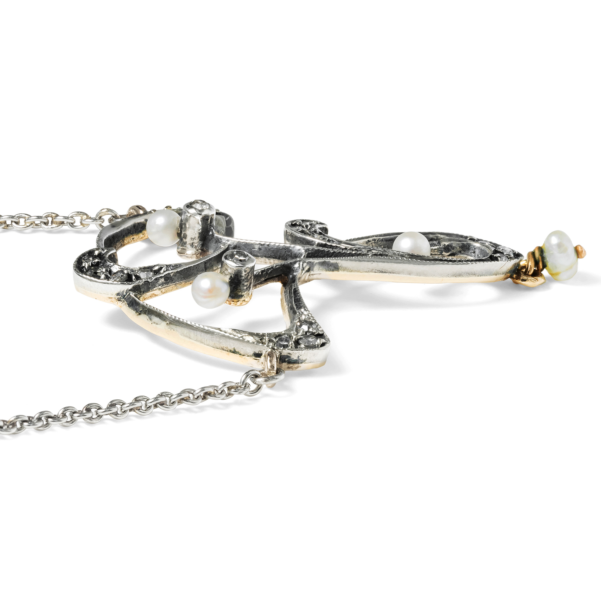 Halsnahes Jugendstil Collier mit Perlen & Diamanten in Gold & Silber, um 1905 Halsnahes Jugendstil Collier mit Perlen & Diamanten in Gold & Silber, um 1905
