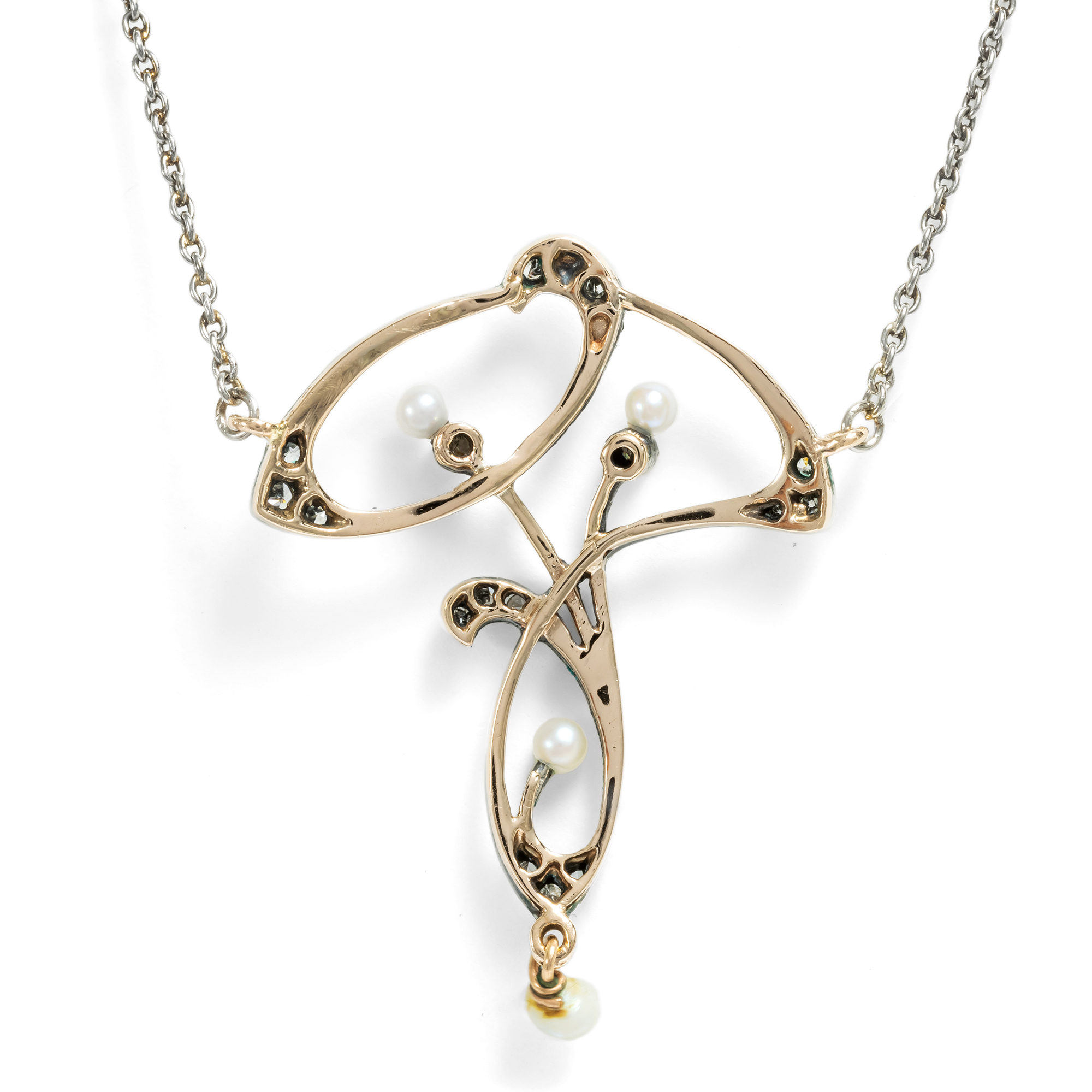 Halsnahes Jugendstil Collier mit Perlen & Diamanten in Gold & Silber, um 1905 Halsnahes Jugendstil Collier mit Perlen & Diamanten in Gold & Silber, um 1905