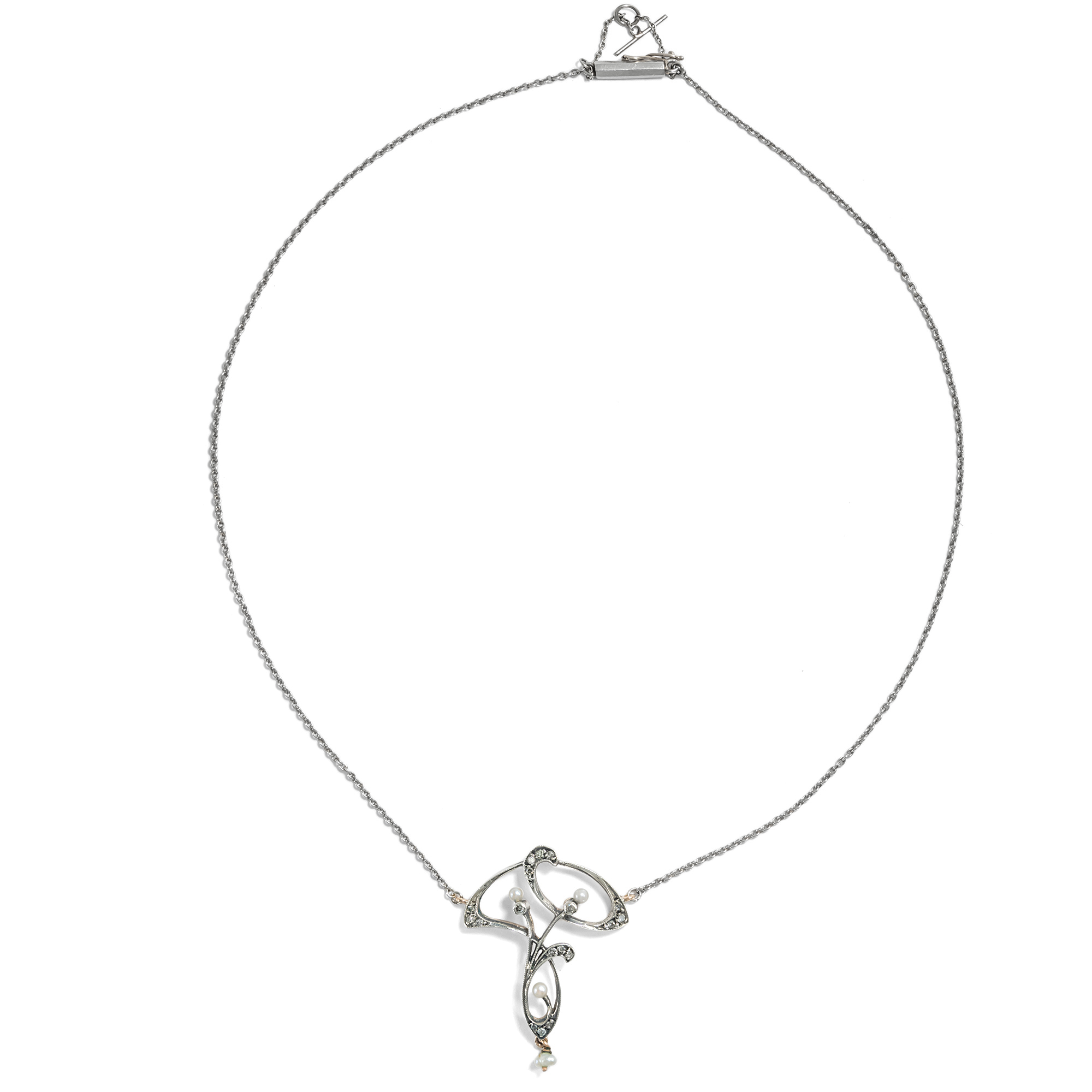 Halsnahes Jugendstil Collier mit Perlen & Diamanten in Gold & Silber, um 1905 Halsnahes Jugendstil Collier mit Perlen & Diamanten in Gold & Silber, um 1905