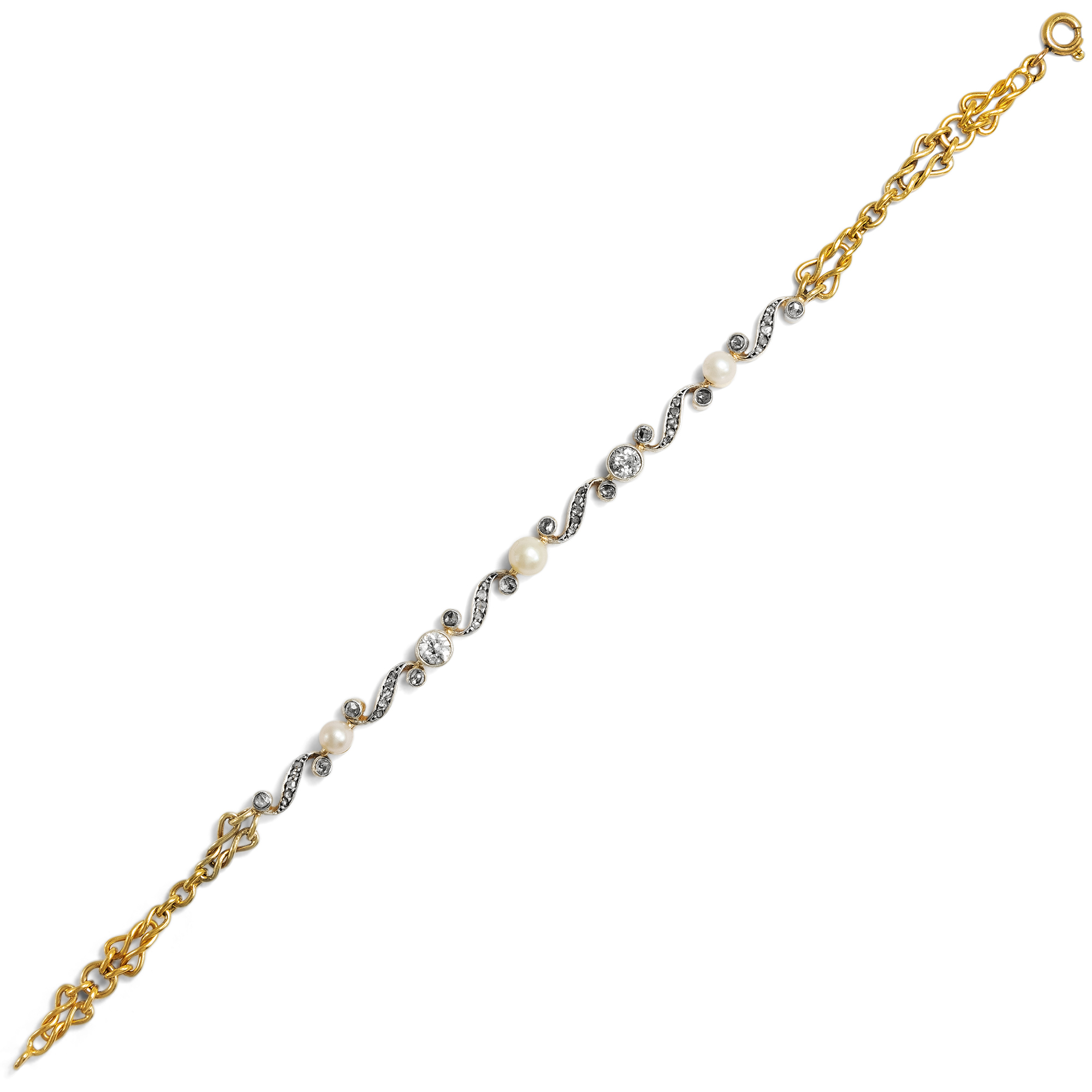 Zartes antikes Armband mit Diamanten & Naturperlen, um 1905 Zartes antikes Armband mit Diamanten & Naturperlen, um 1905