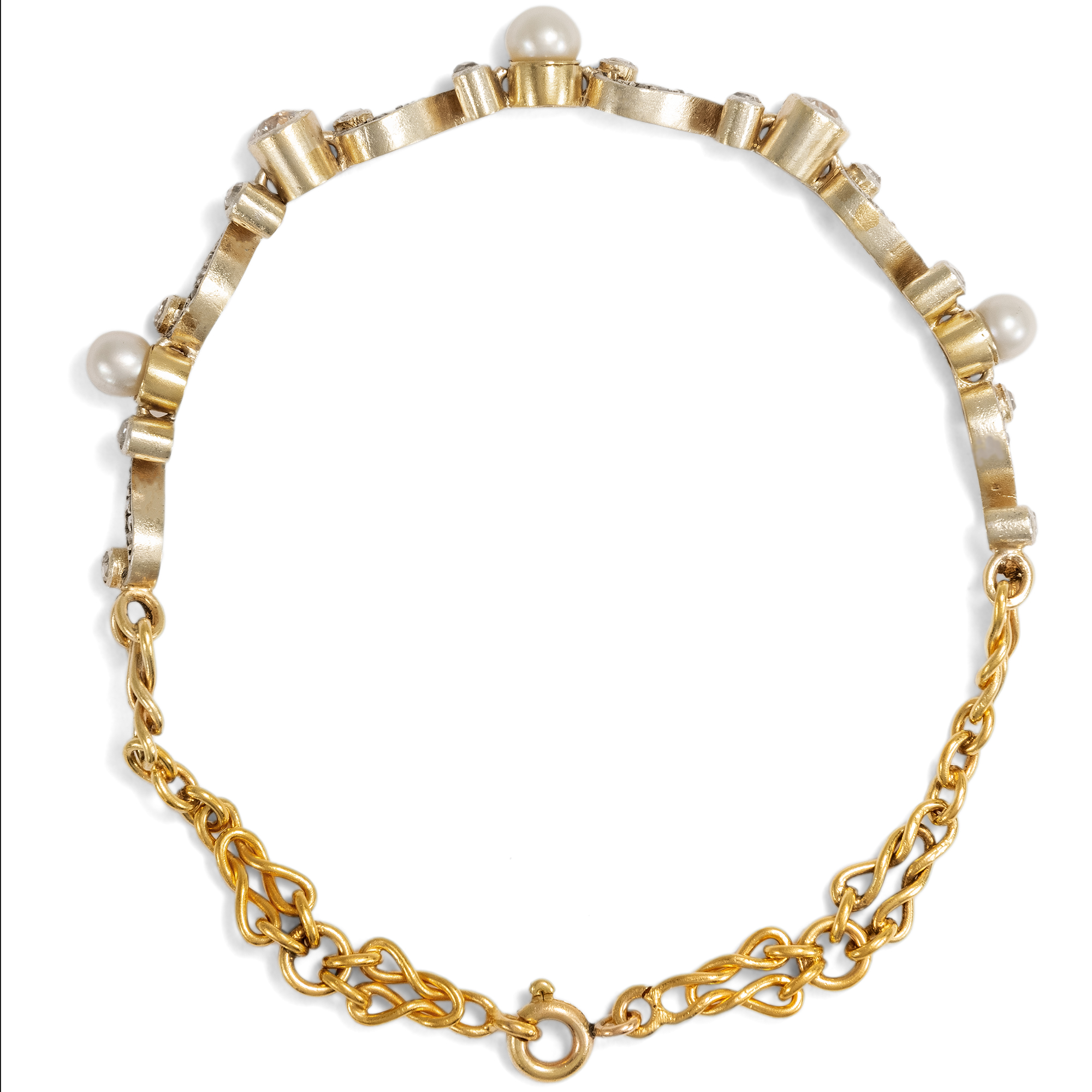 Zartes antikes Armband mit Diamanten & Naturperlen, um 1905 Zartes antikes Armband mit Diamanten & Naturperlen, um 1905