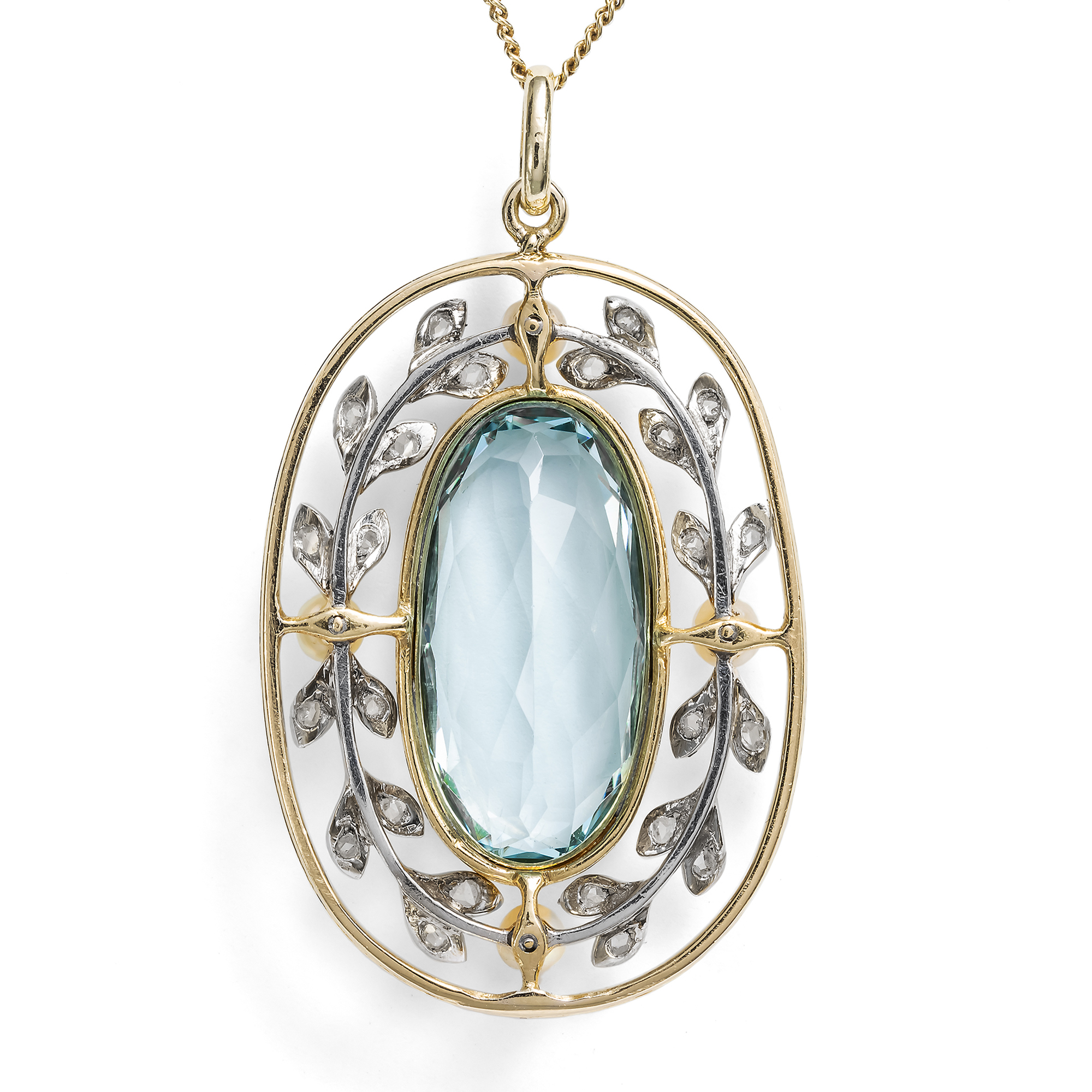 Kostbarer Anhänger mit Aquamarin & Perlen in Platin und Gold, um 1910 Kostbarer Anhänger mit Aquamarin & Perlen in Platin und Gold, um 1910