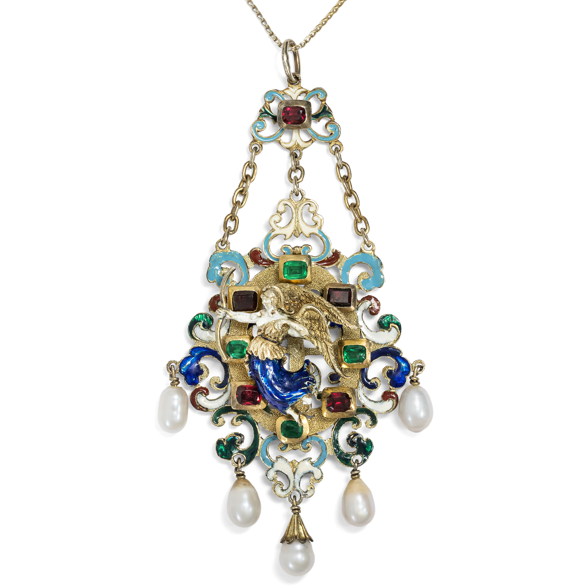 Anhänger der Neorenaissance mit Email, Perlen & Granaten in Silber, um 1880 Anhänger der Neorenaissance mit Email, Perlen & Granaten in Silber, um 1880