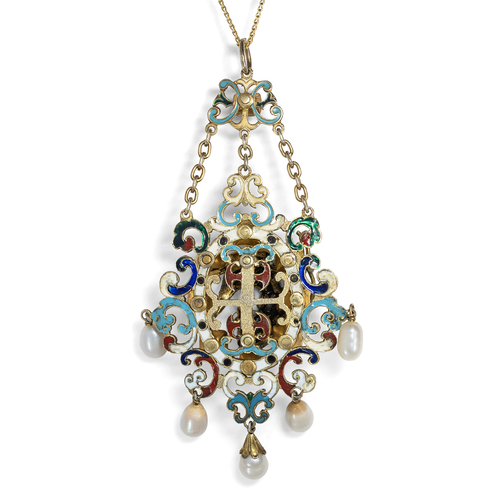 Anhänger der Neorenaissance mit Email, Perlen & Granaten in Silber, um 1880 Anhänger der Neorenaissance mit Email, Perlen & Granaten in Silber, um 1880