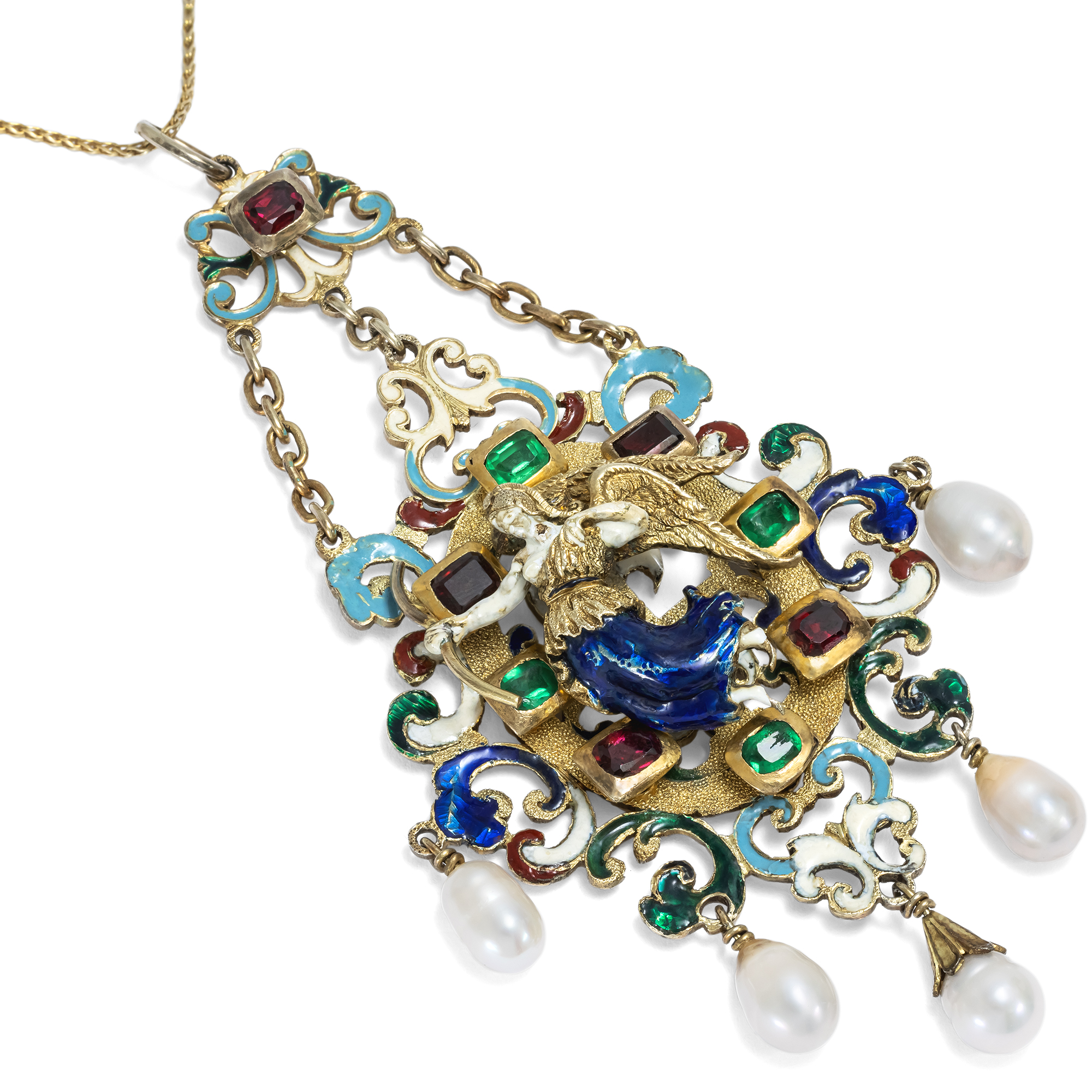 Anhänger der Neorenaissance mit Email, Perlen & Granaten in Silber, um 1880 Anhänger der Neorenaissance mit Email, Perlen & Granaten in Silber, um 1880