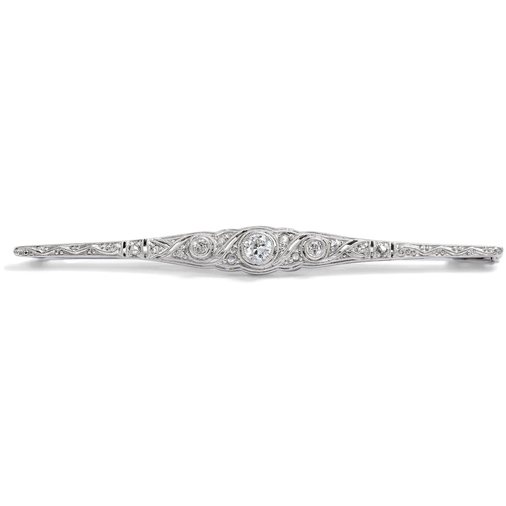 Elegante Art Déco Stabnadel mit Diamanten in Platin auf Gold, 1920er Jahre Elegante Art Déco Stabnadel mit Diamanten in Platin auf Gold, 1920er Jahre