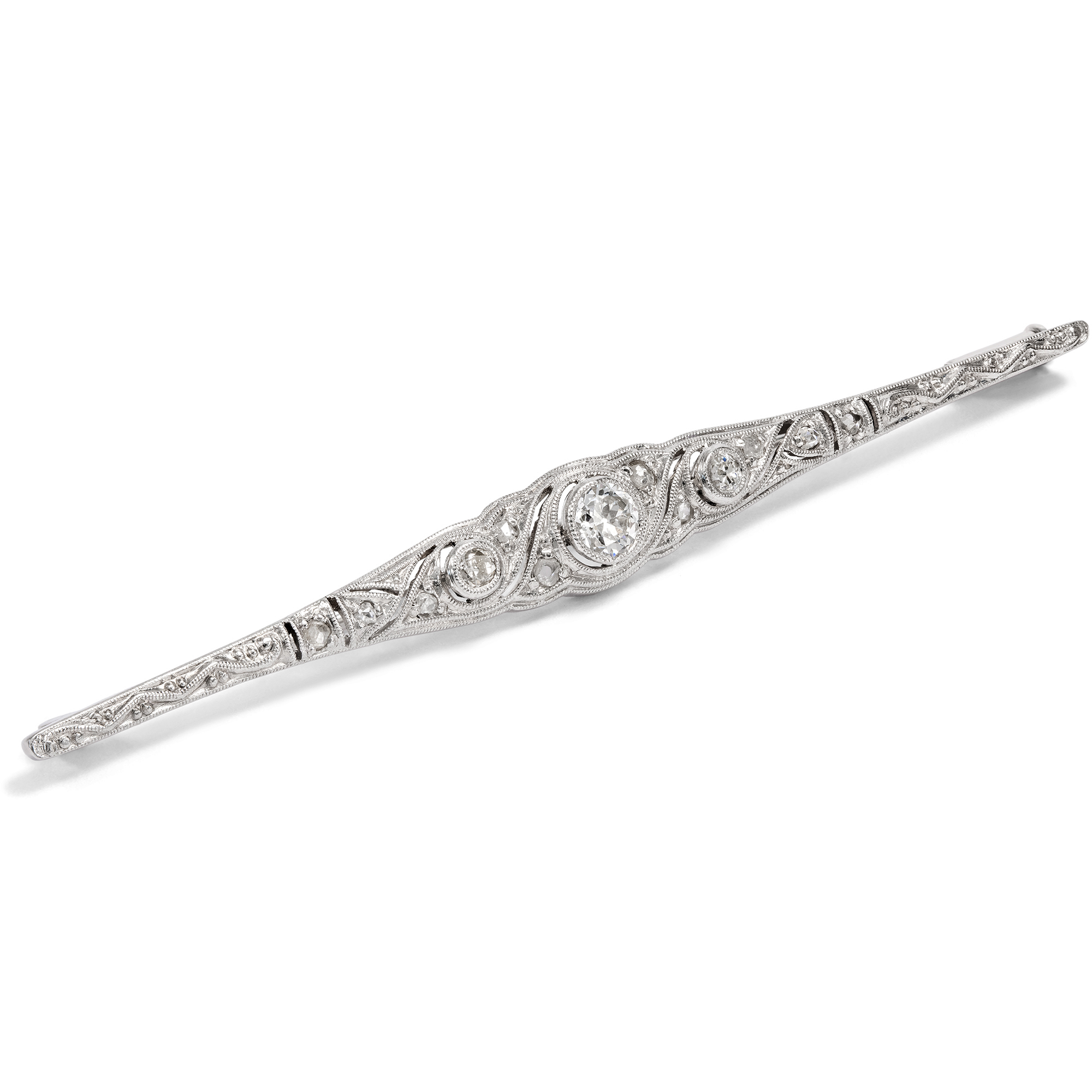 Elegante Art Déco Stabnadel mit Diamanten in Platin auf Gold, 1920er Jahre Elegante Art Déco Stabnadel mit Diamanten in Platin auf Gold, 1920er Jahre