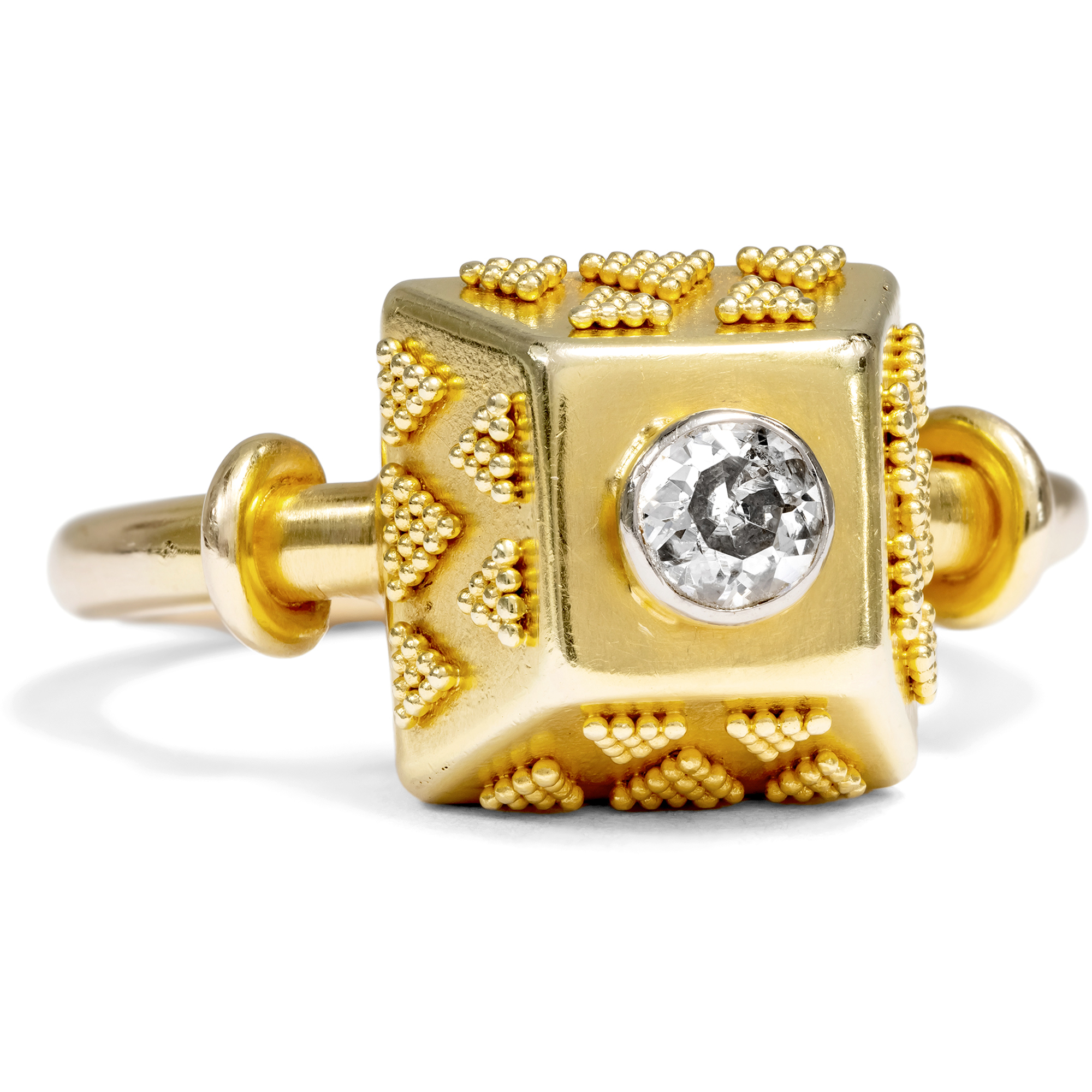 Antique High-Carat Gold Ring with Granulation Decoration & Diamond, c. 1935 Antique High-Carat Gold Ring with Granulation Decoration & Diamond, c. 1935