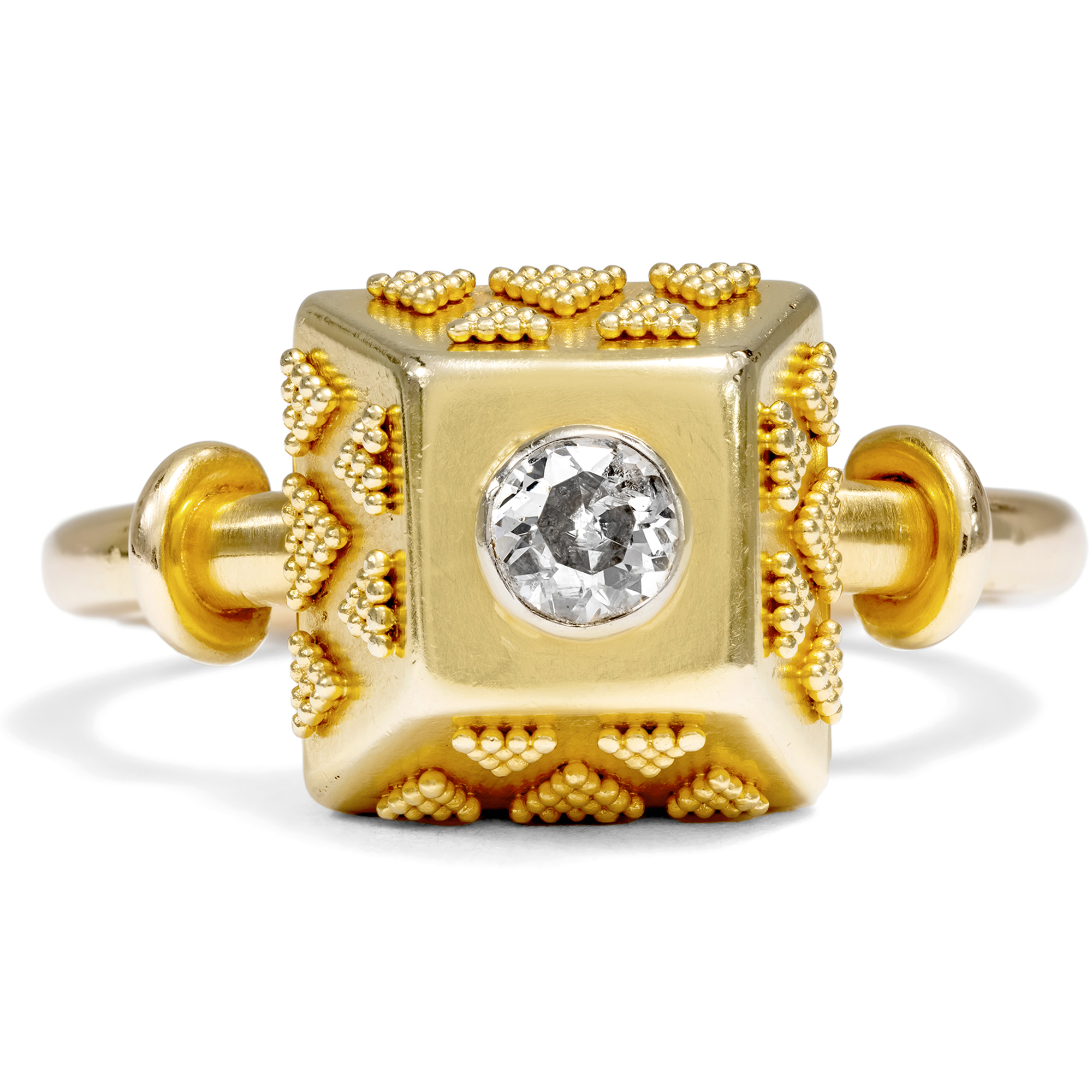 Antique High-Carat Gold Ring with Granulation Decoration & Diamond, c. 1935 Antique High-Carat Gold Ring with Granulation Decoration & Diamond, c. 1935